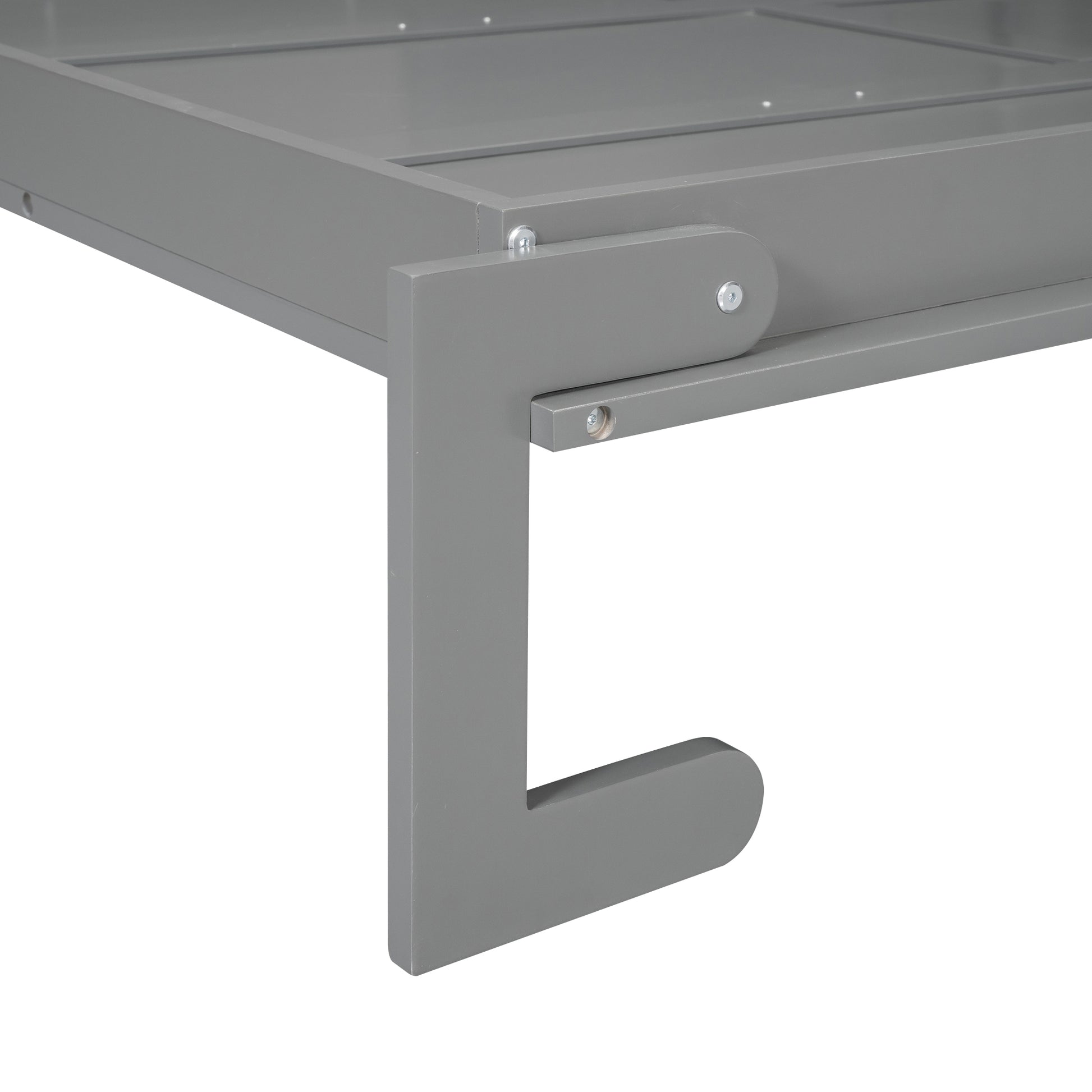 Closeup of grey wooden bed frame support leg