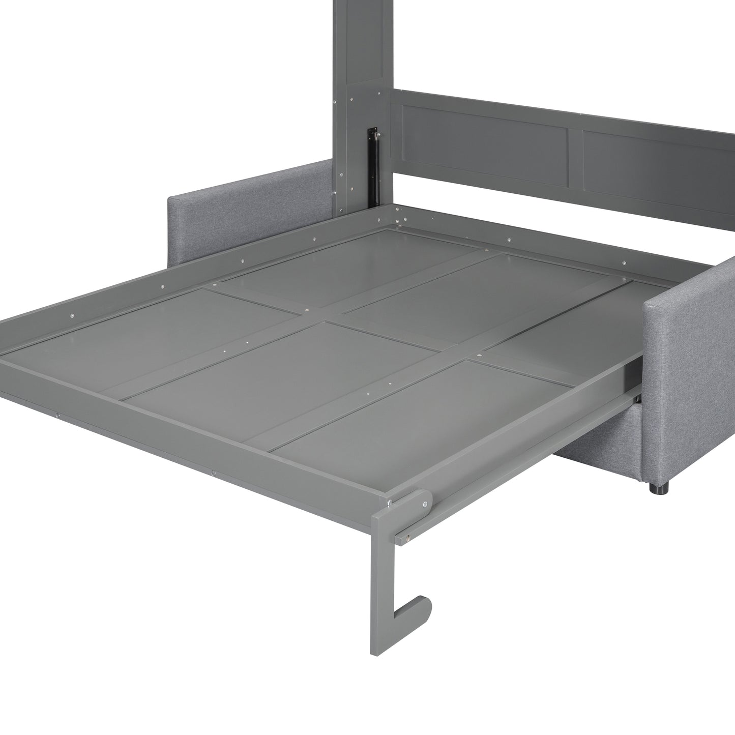 Gray sofa bed frame with pullout mattress base and fabric armrests