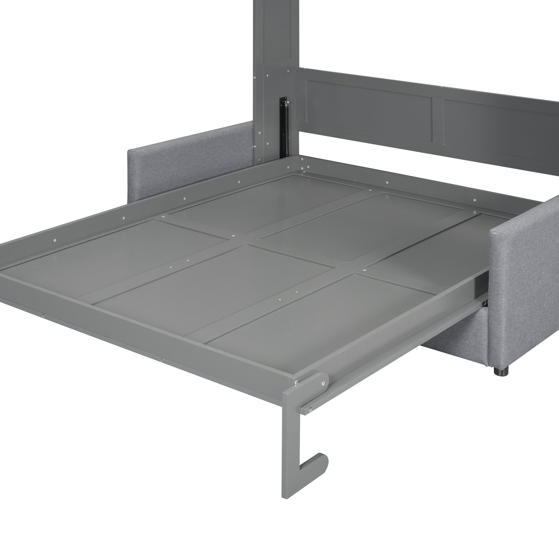 Gray sofa bed frame with pullout mattress base and fabric armrests