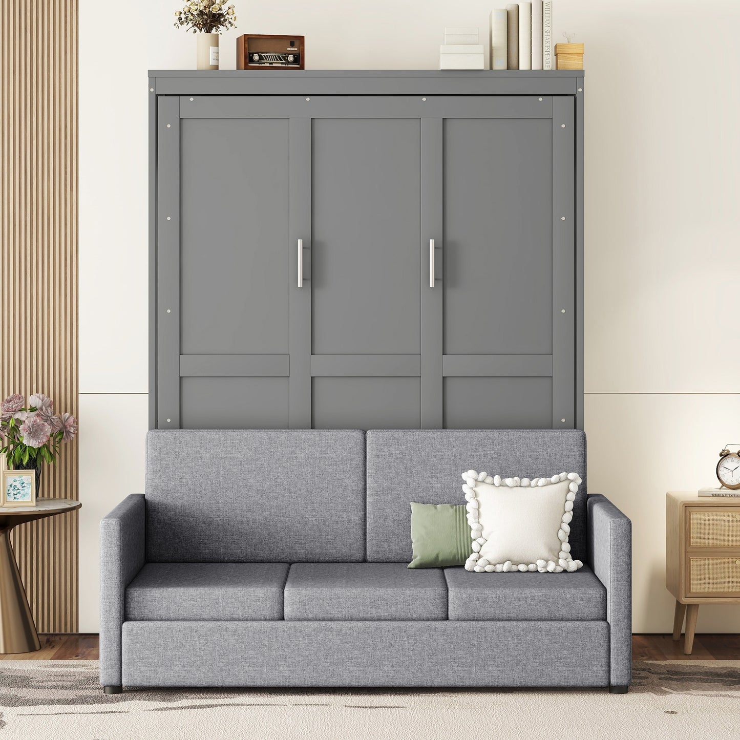 Grey modern sofa bed with a sleek wall bed mechanism