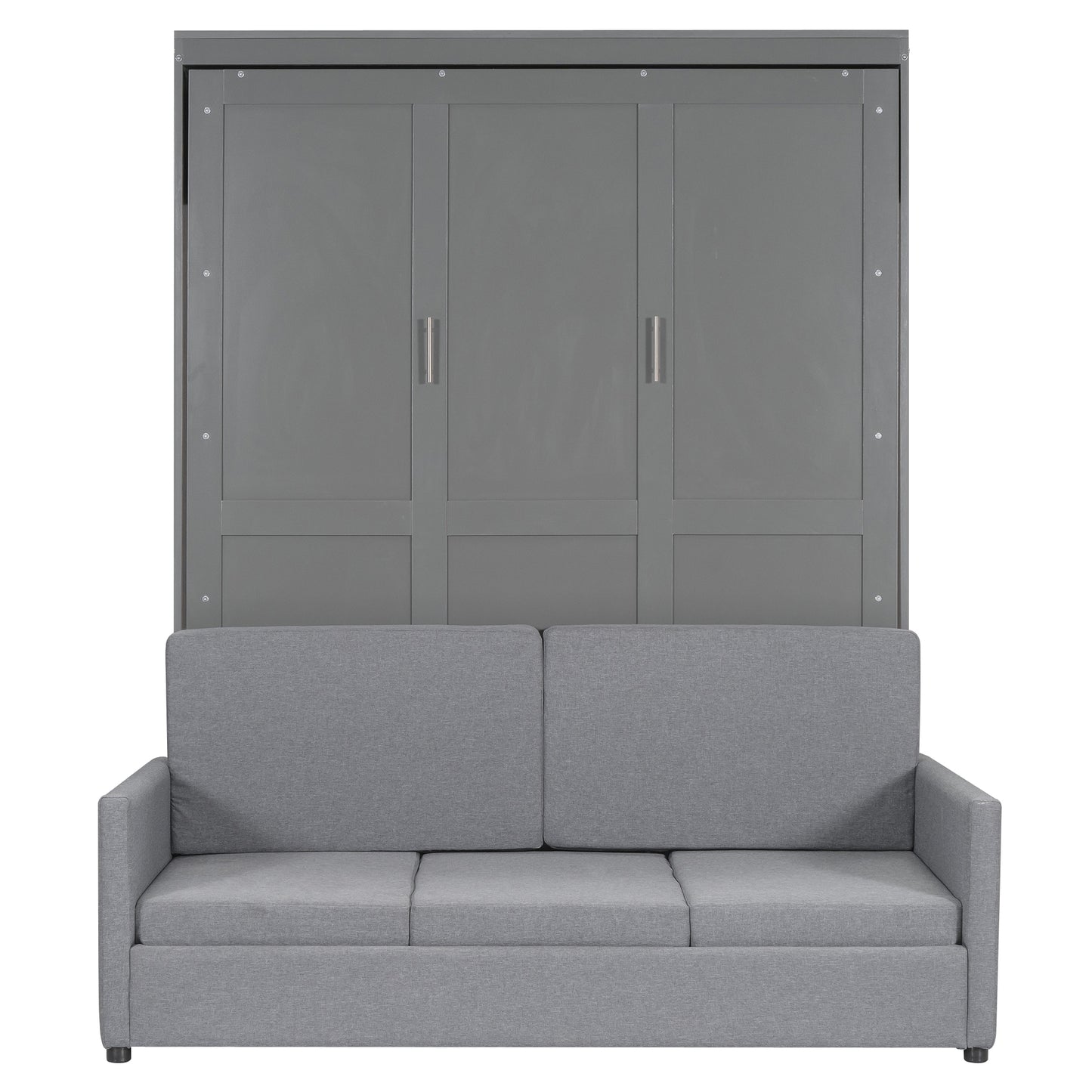 Gray murphy bed cabinet with contemporary sofa in front