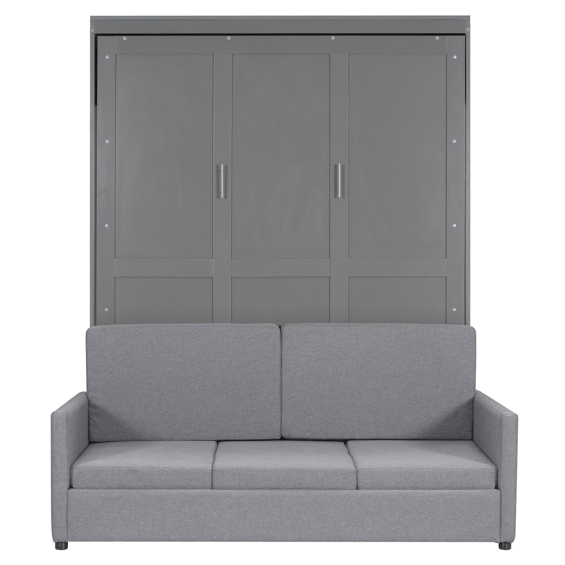 Gray murphy bed cabinet with contemporary sofa in front