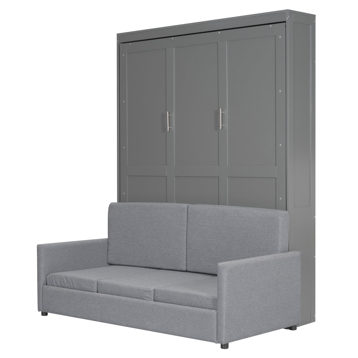 Gray murphy bed cabinet with integrated gray fabric sofa