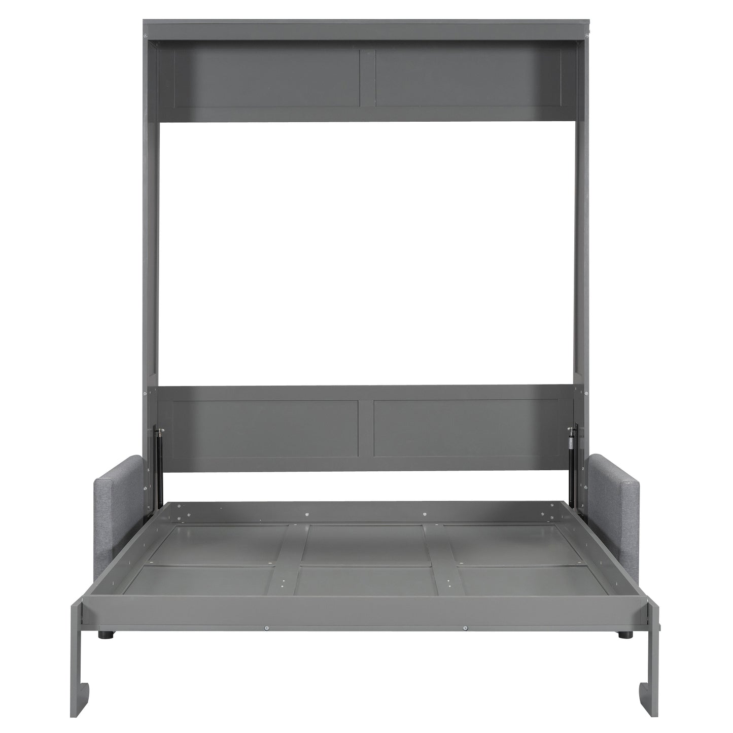 Gray murphy bed frame with open mattress platform and upholstered side panels