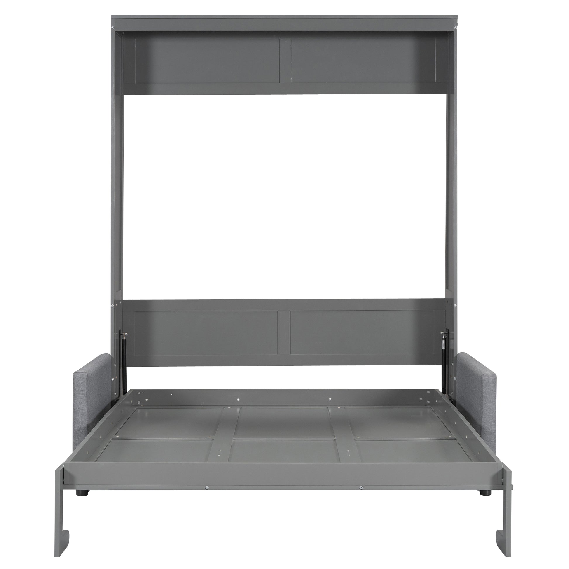 Gray murphy bed frame with open mattress platform and upholstered side panels