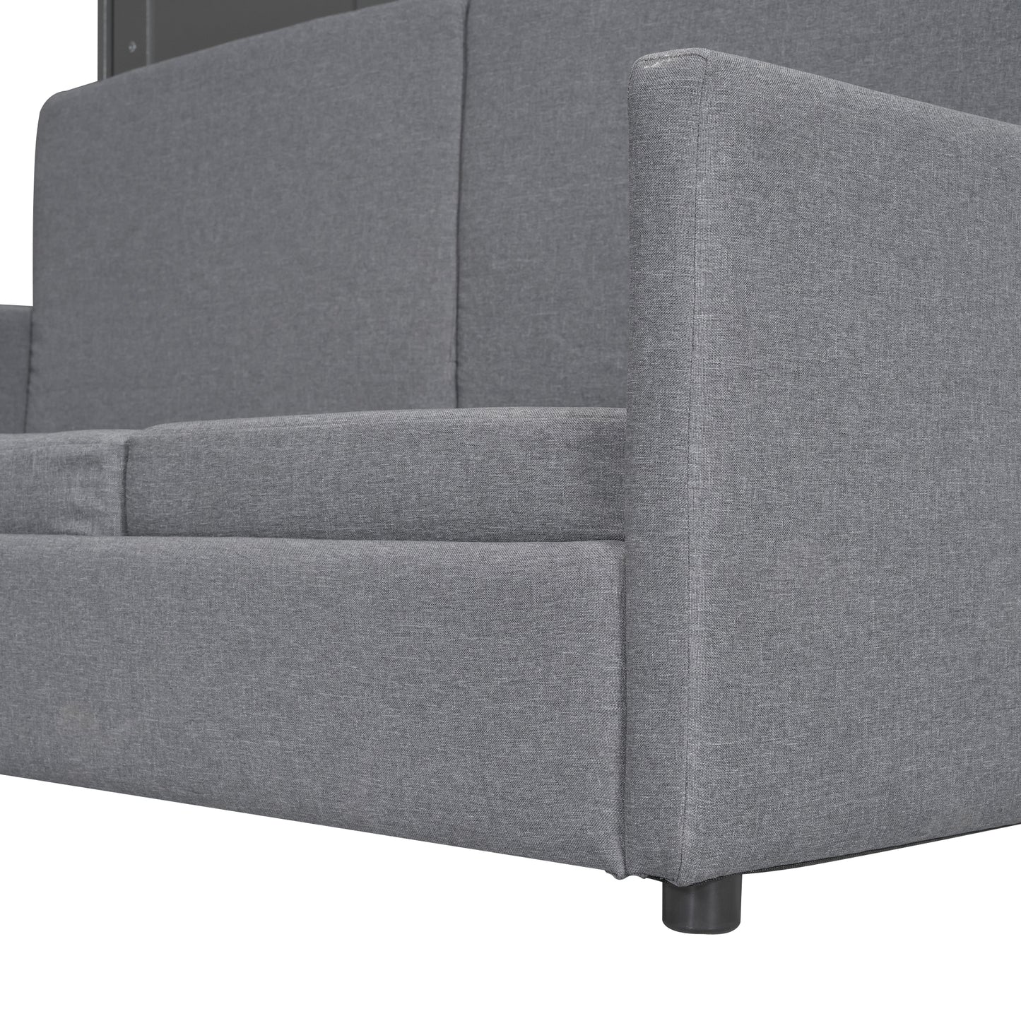 Close up of a grey fabric couch armrest detail
