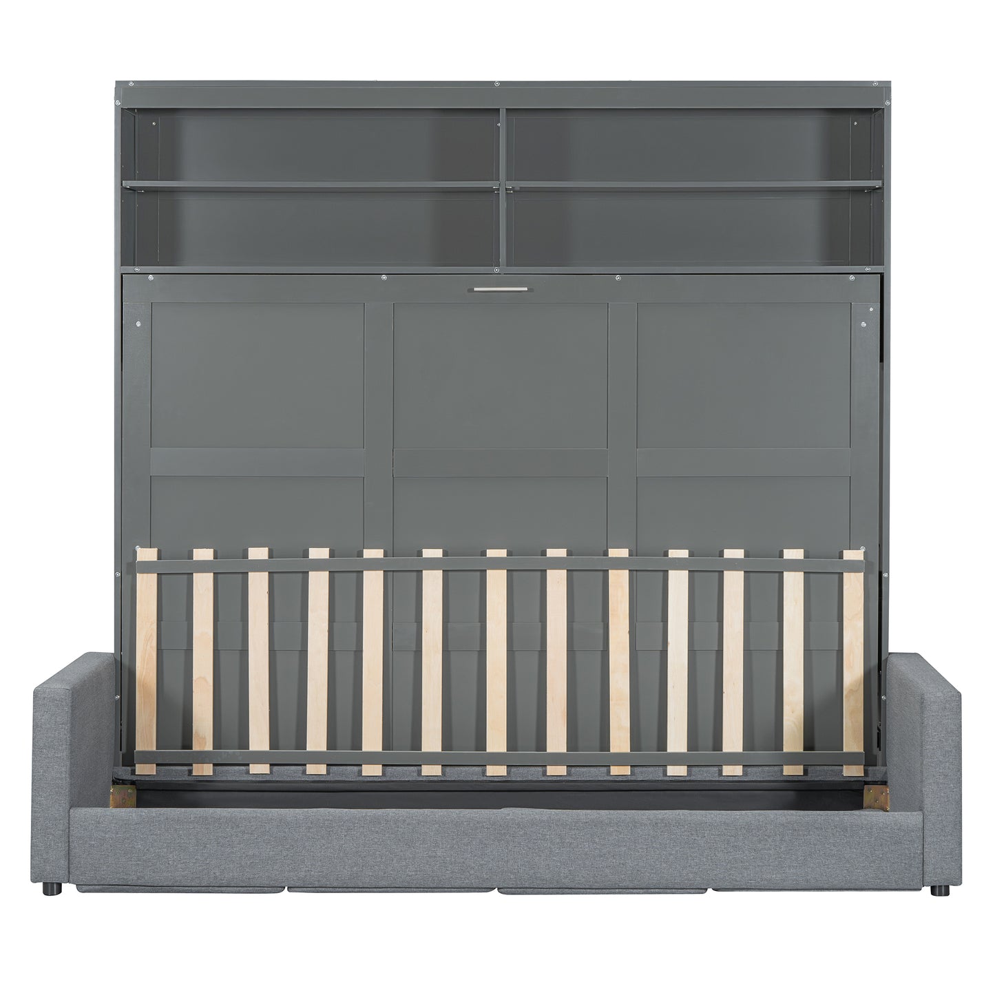 Grey murphy bed with open mattress support and upholstered sofa base