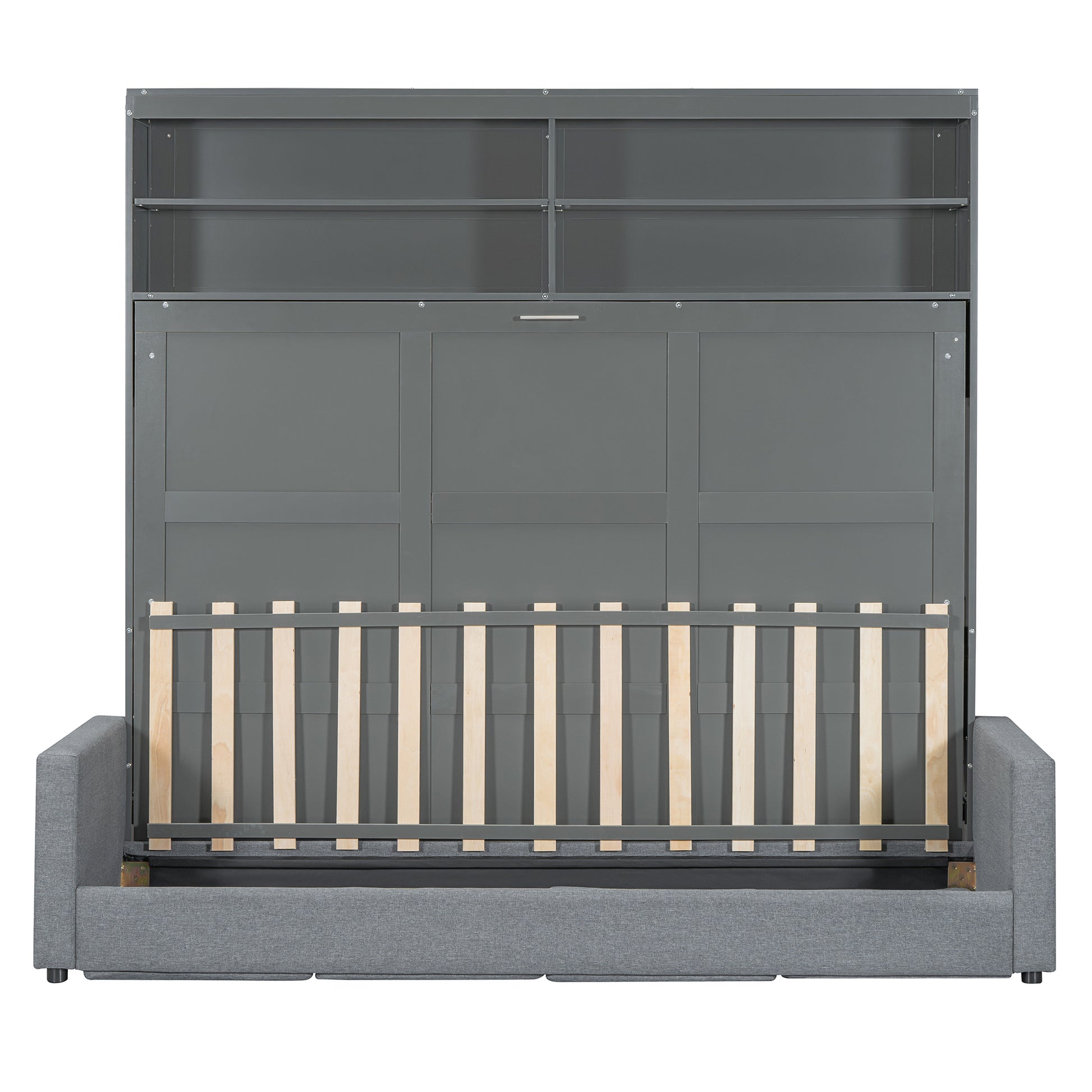 Grey murphy bed with open mattress support and upholstered sofa base