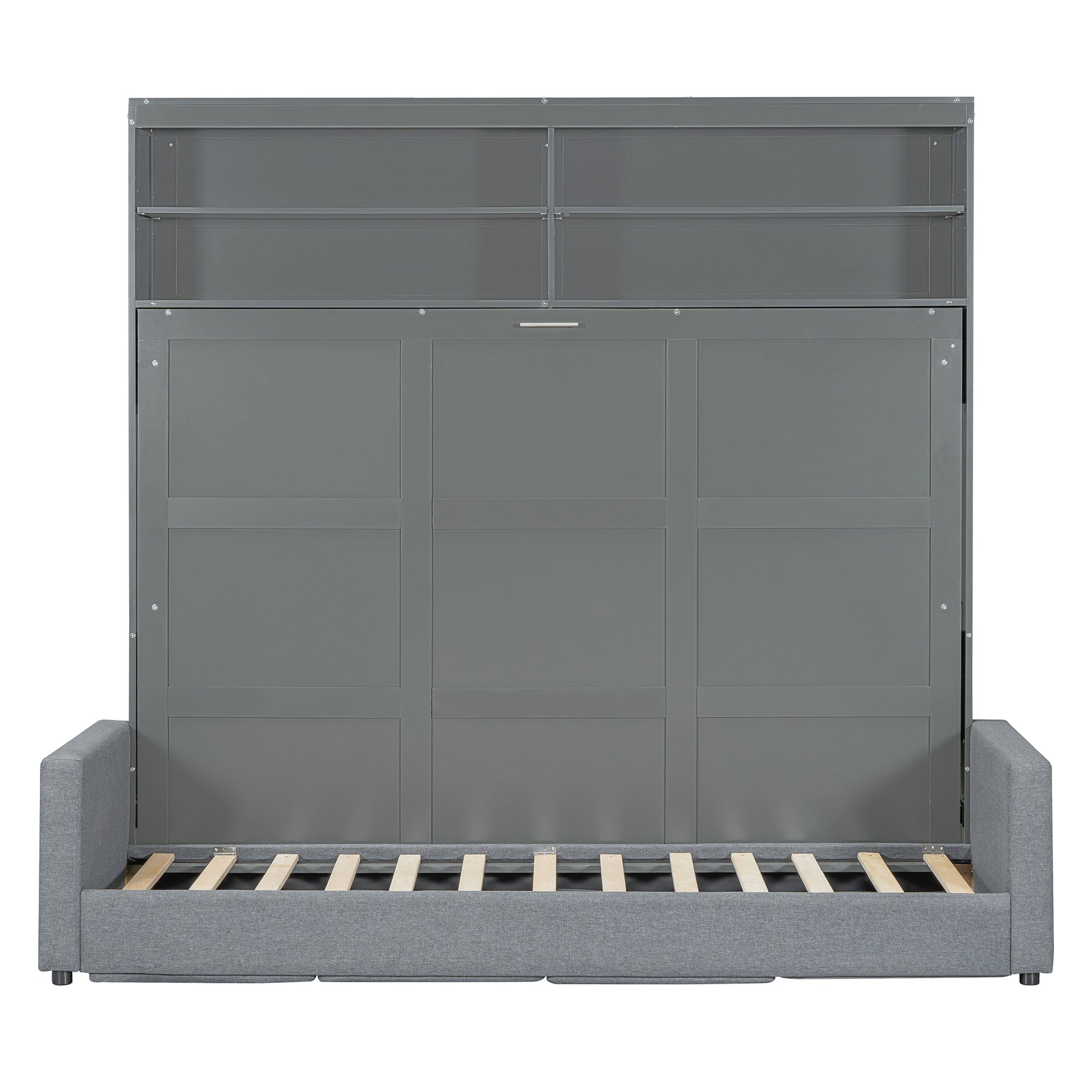 Modern gray murphy bed with integrated shelving and sofa