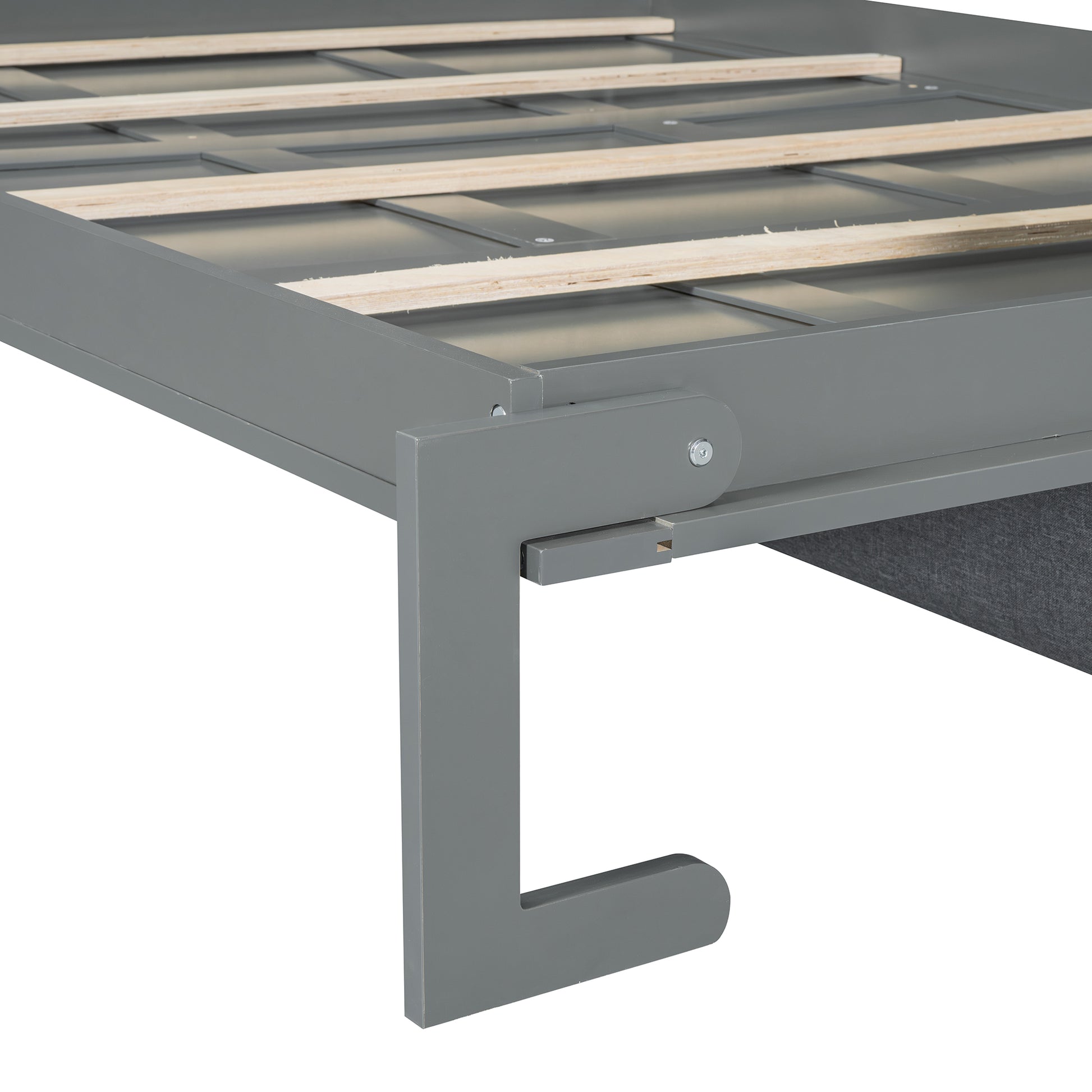 Gray wooden bed frame with mattress support slats