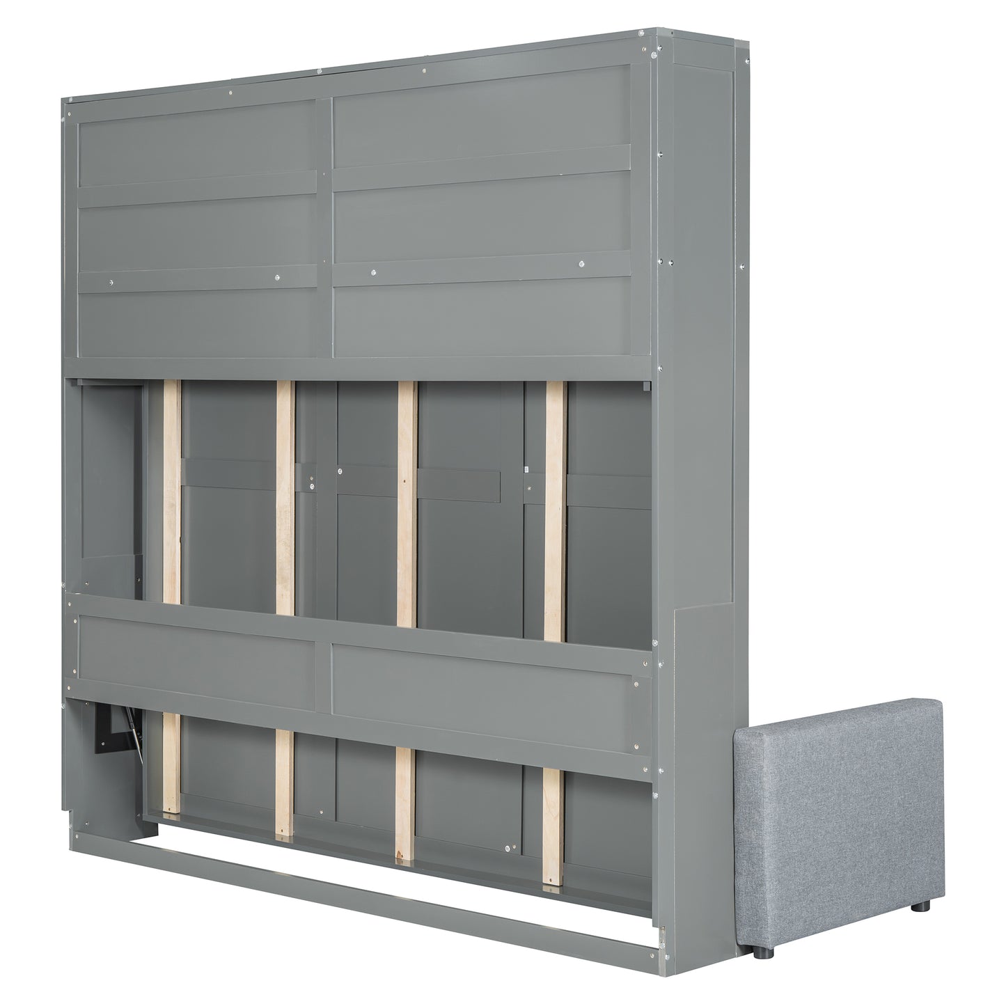 Gray murphy bed frame interior with wooden slats and fabric ottoman