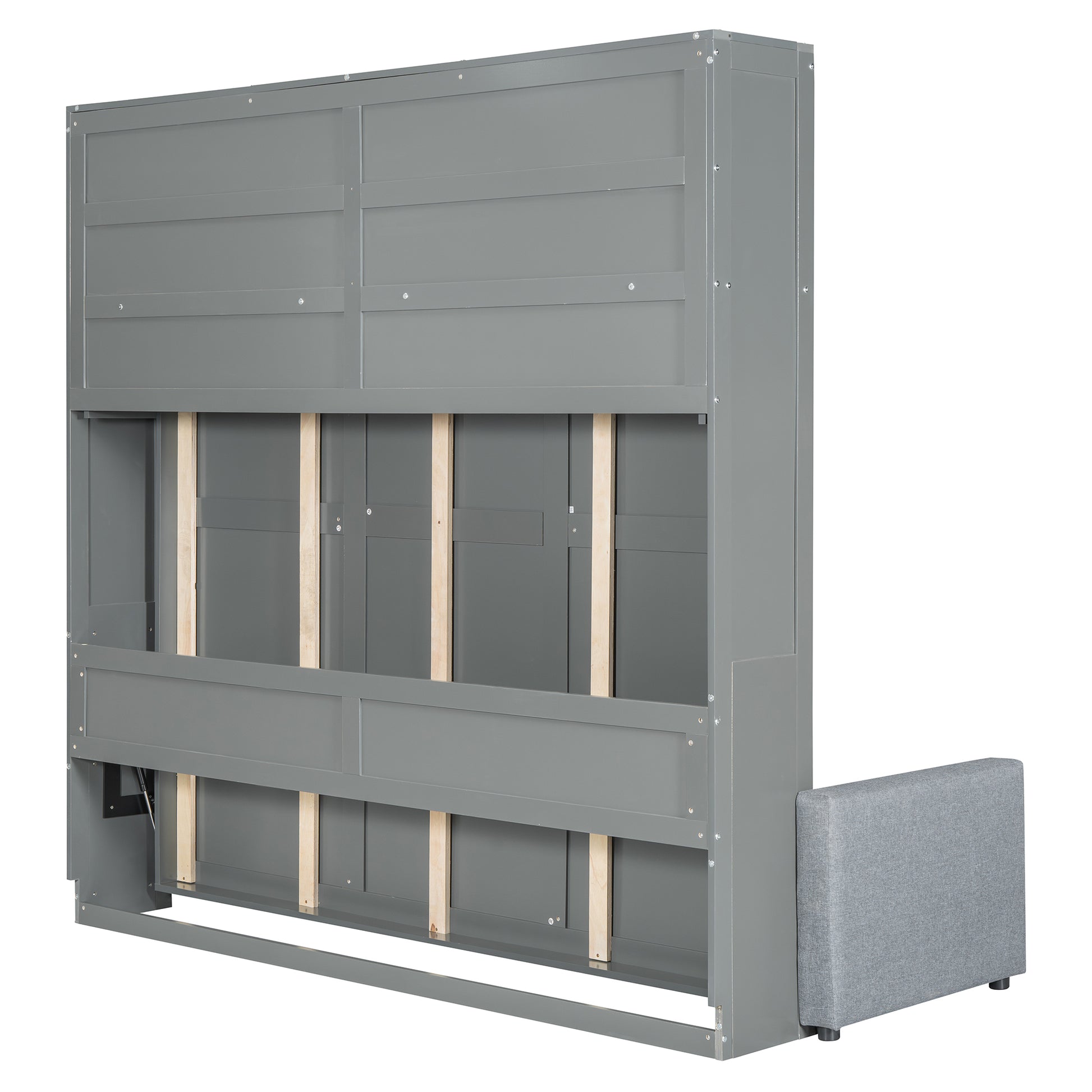 Gray murphy bed frame interior with wooden slats and fabric ottoman