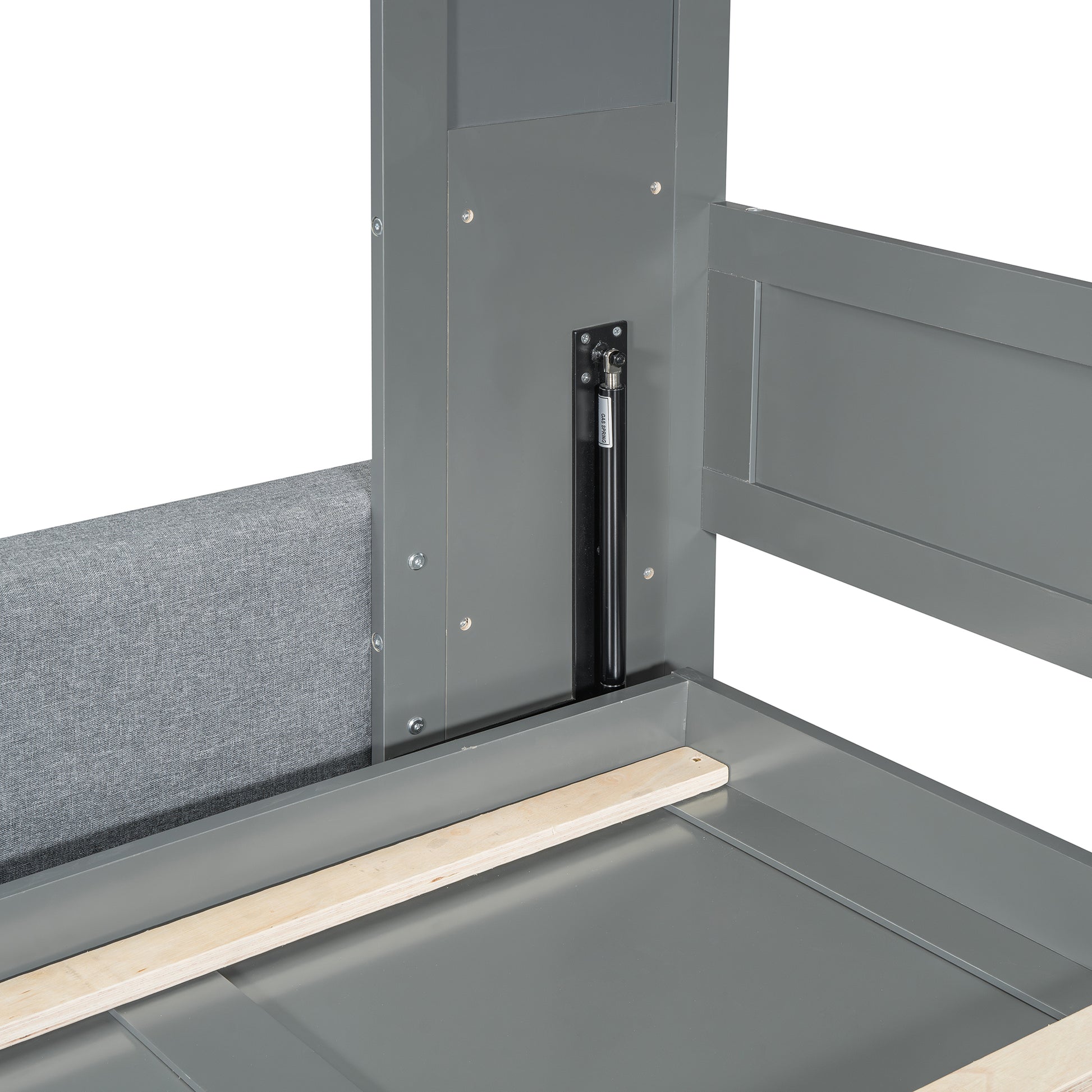 Gray wooden bed frame with gray upholstered headboard and gas lift mechanism