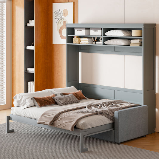 Gray Murphy bed with integrated storage shelves and a comfortable mattress