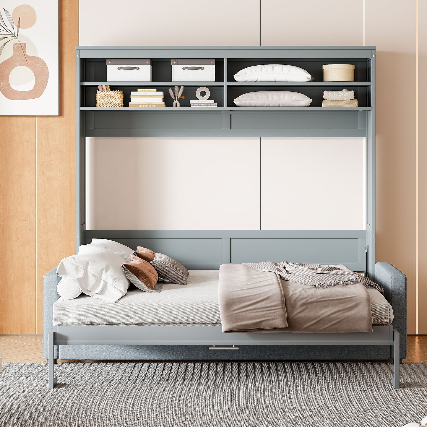 Blue murphy bed frame with stacked pillows and a folded blanket