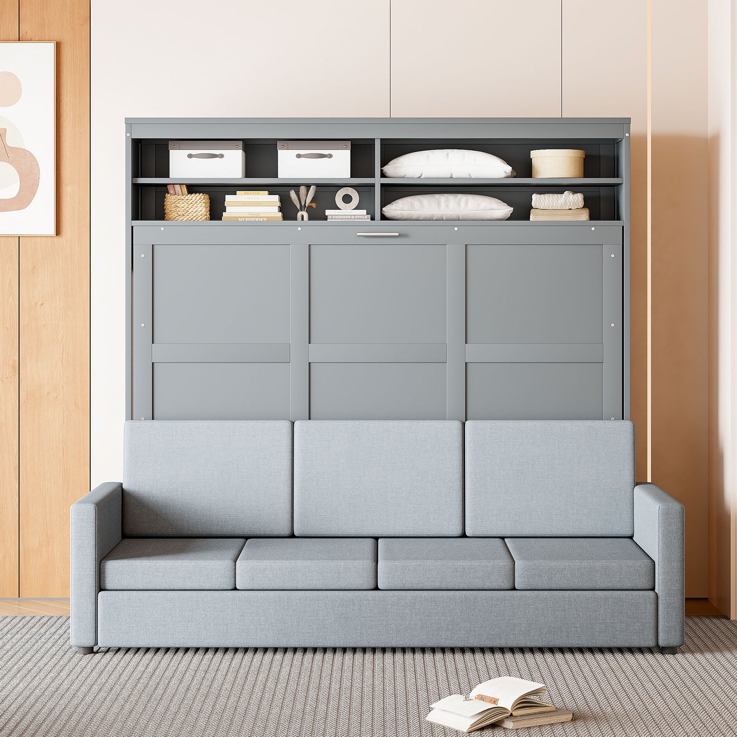 Gray sofa bed with integrated shelving unit