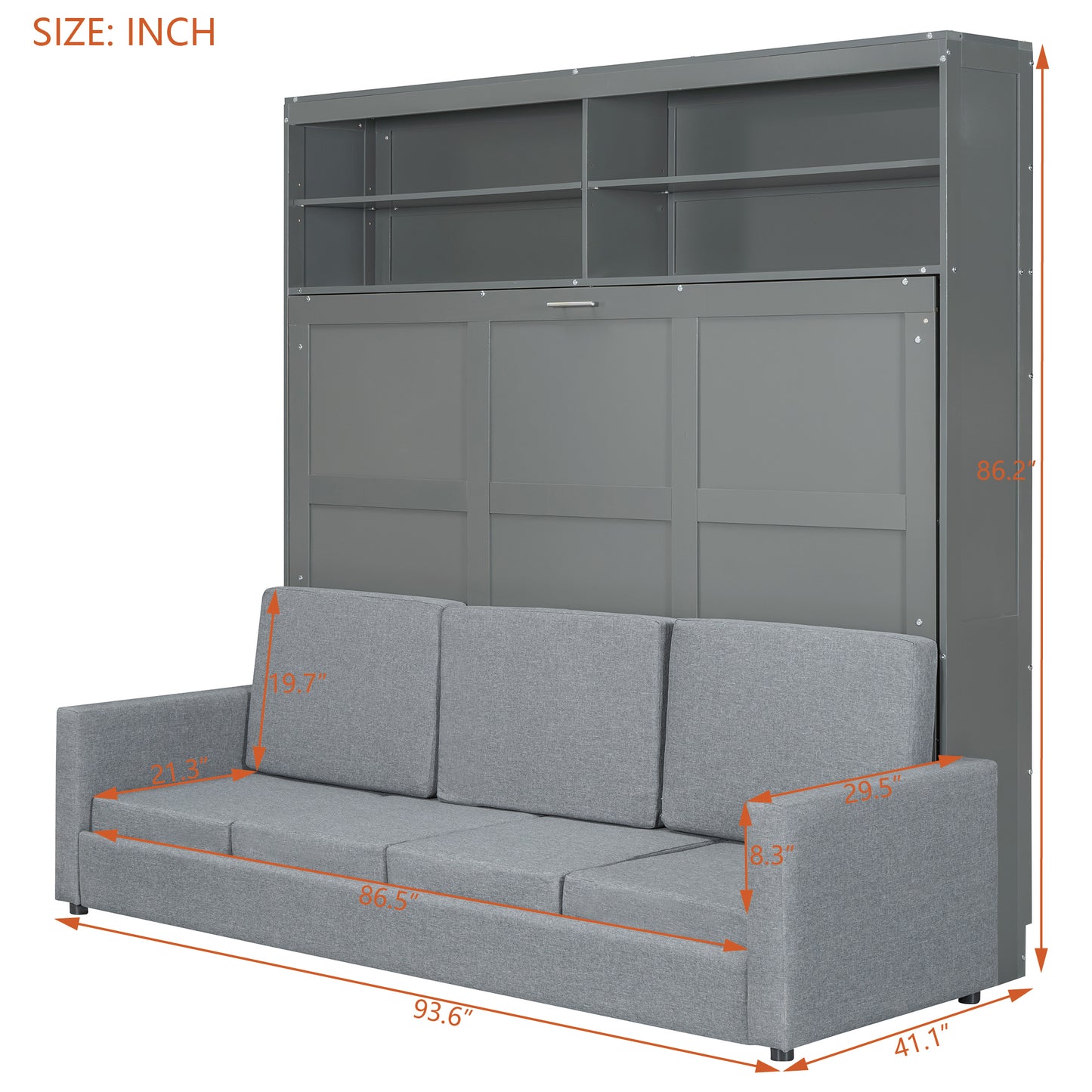 Gray murphy bed with sofa featuring a modern design and integrated storage shelves