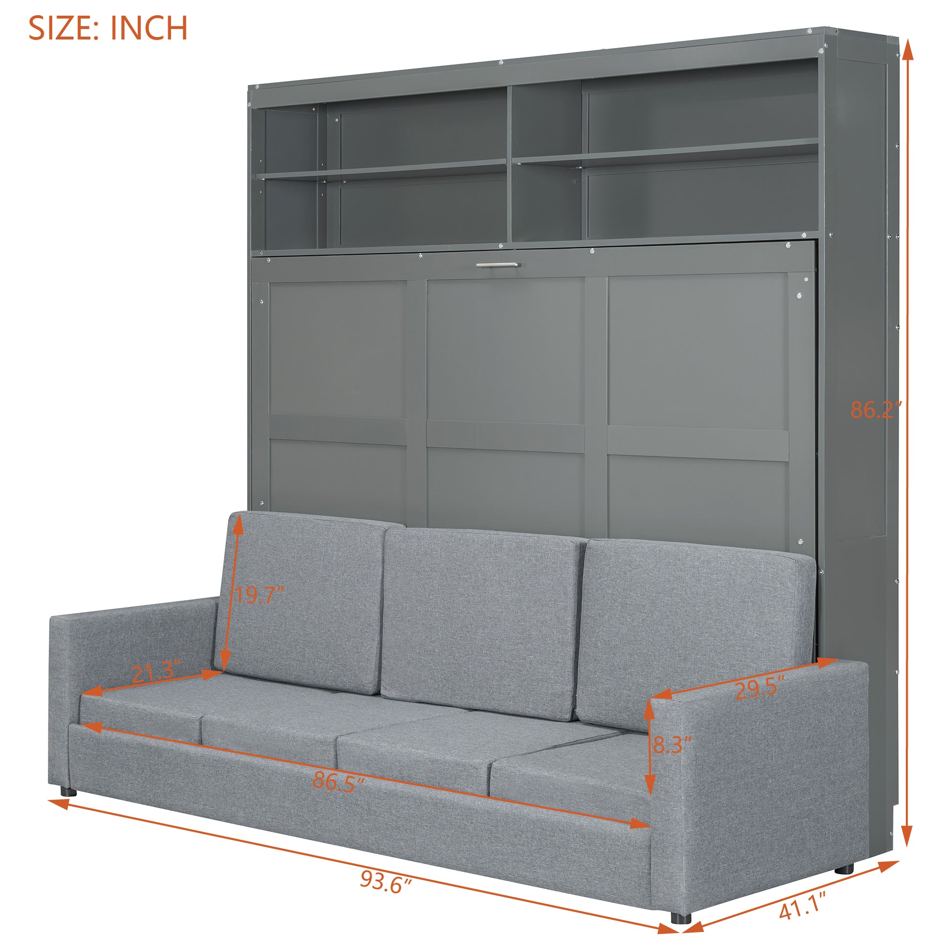 Gray murphy bed with sofa featuring a modern design and integrated storage shelves