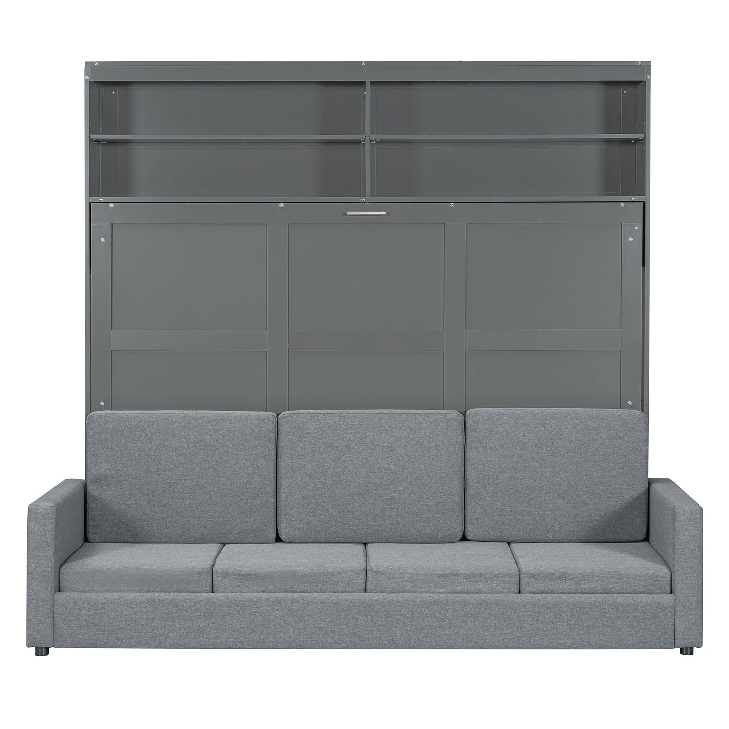 Gray Murphy bed with integrated sofa and shelving