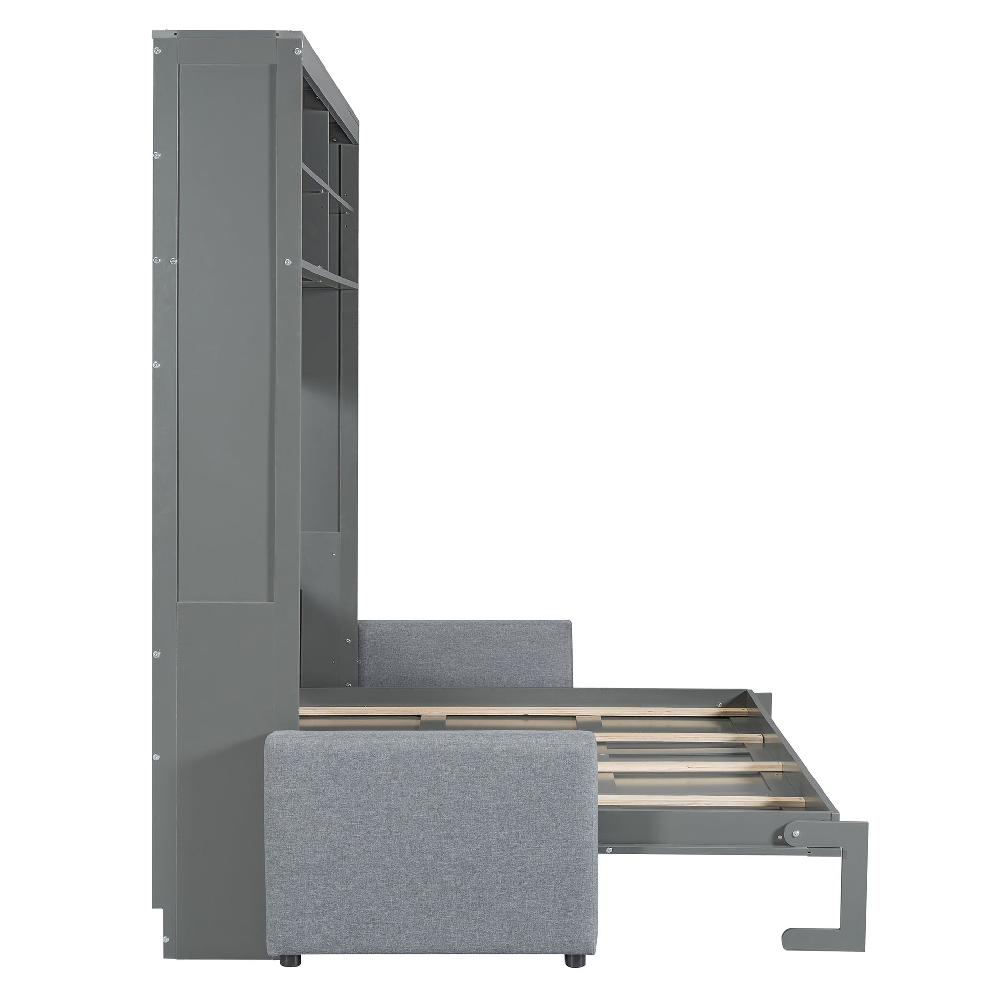 Gray modern wall bed with pullout mattress frame and upholstered armrests