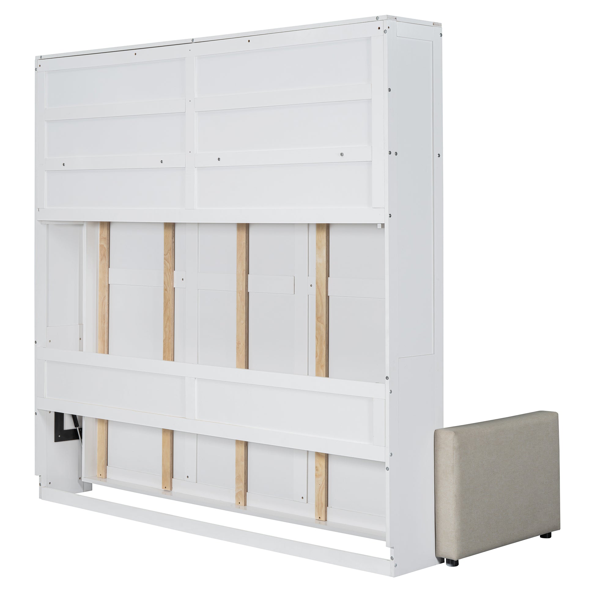 White panel bed frame with exposed wooden slats and tan upholstered footrest