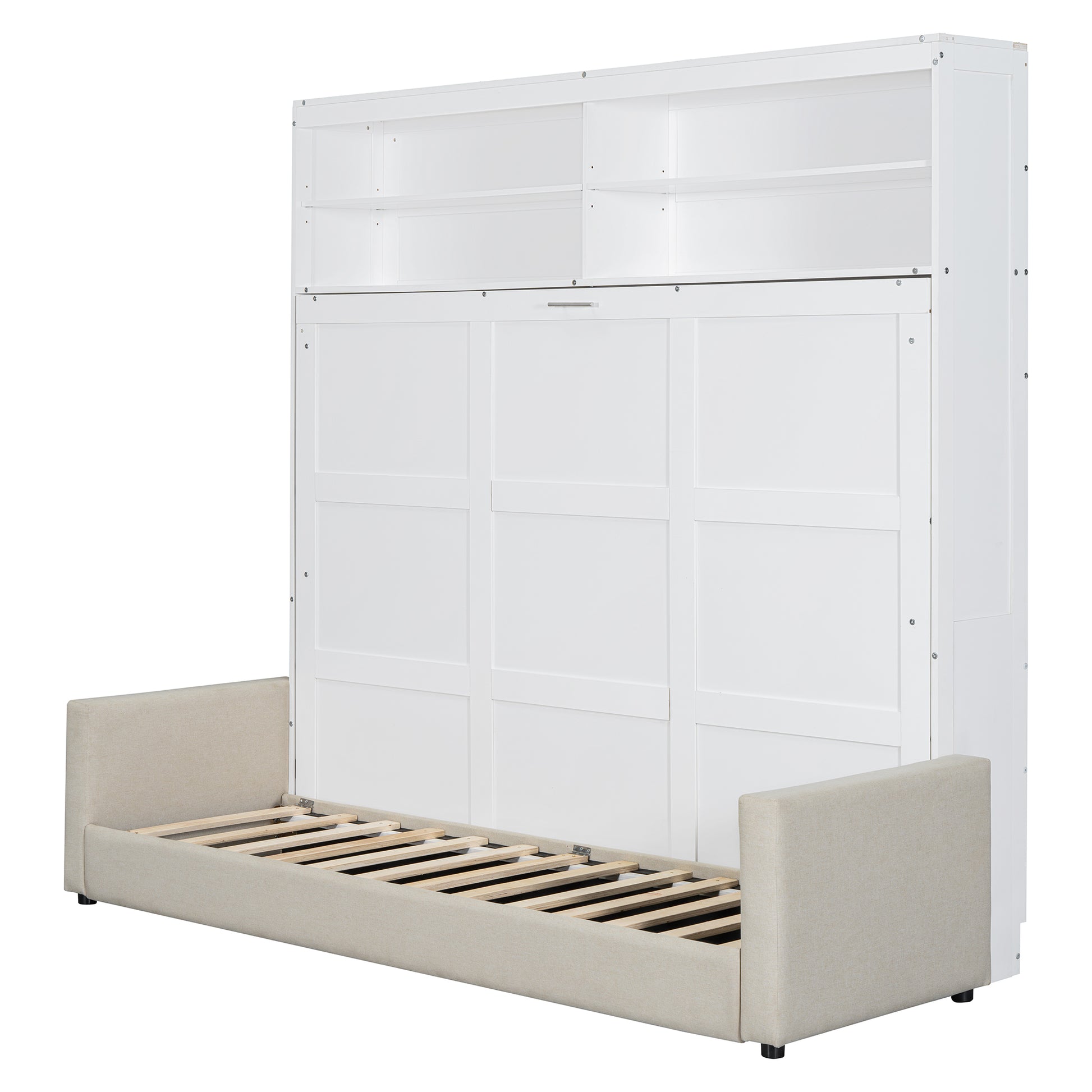 White Murphy bed with open linen upholstered sofa and slatted frame