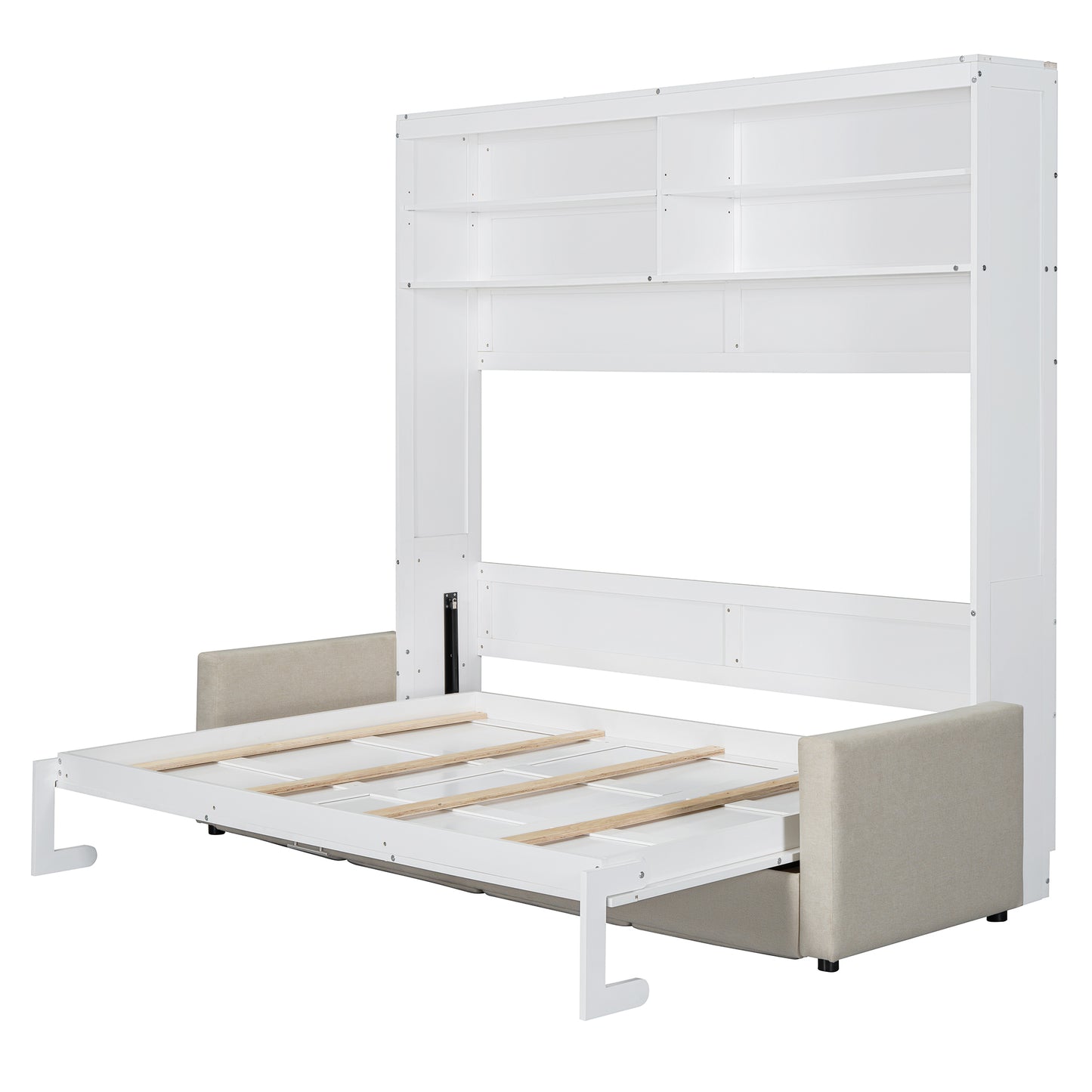 White murphy bed with pullout mattress platform and builtin shelving