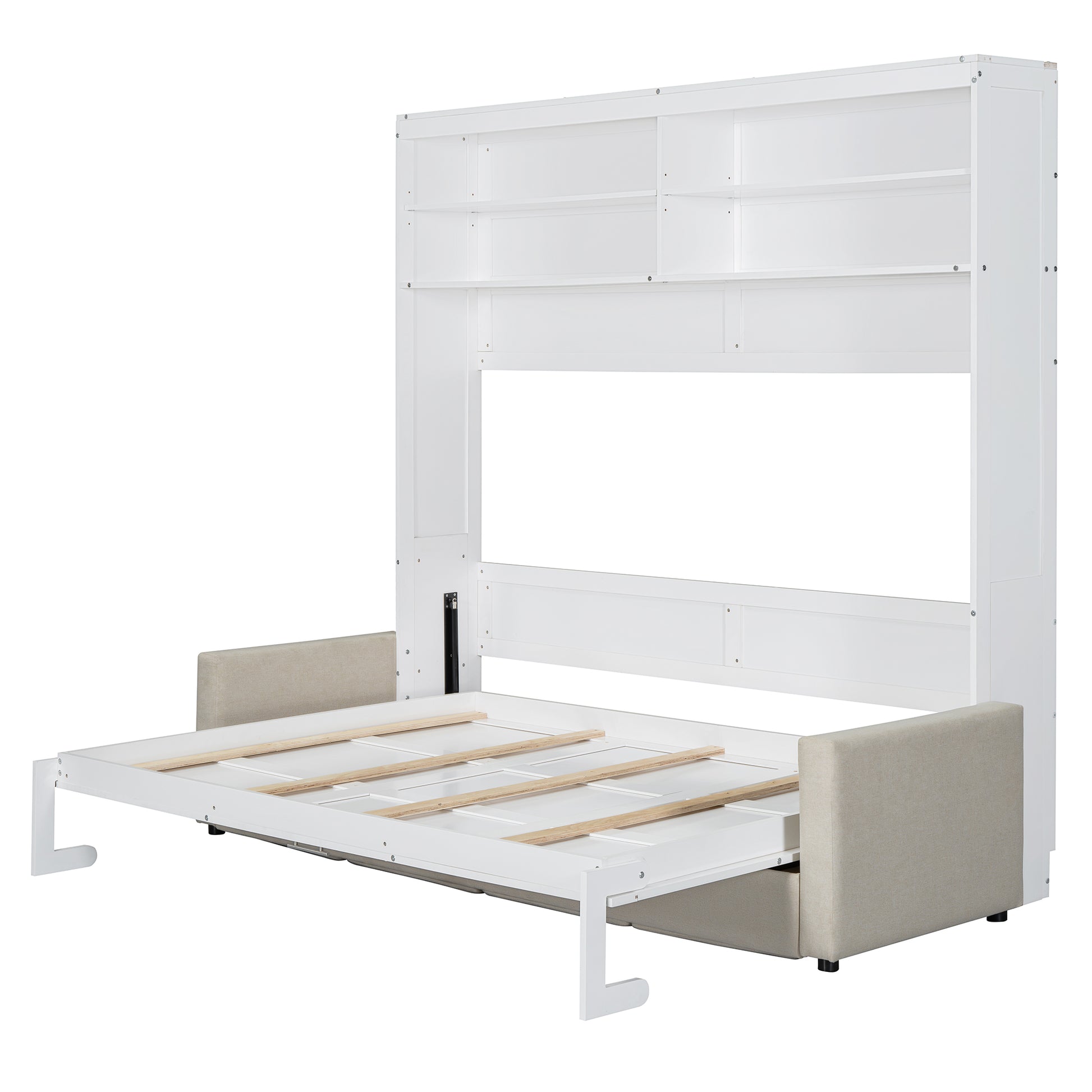 White murphy bed with pullout mattress platform and builtin shelving