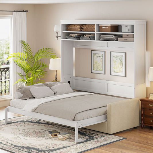White murphy bed with queen mattress and integrated shelving