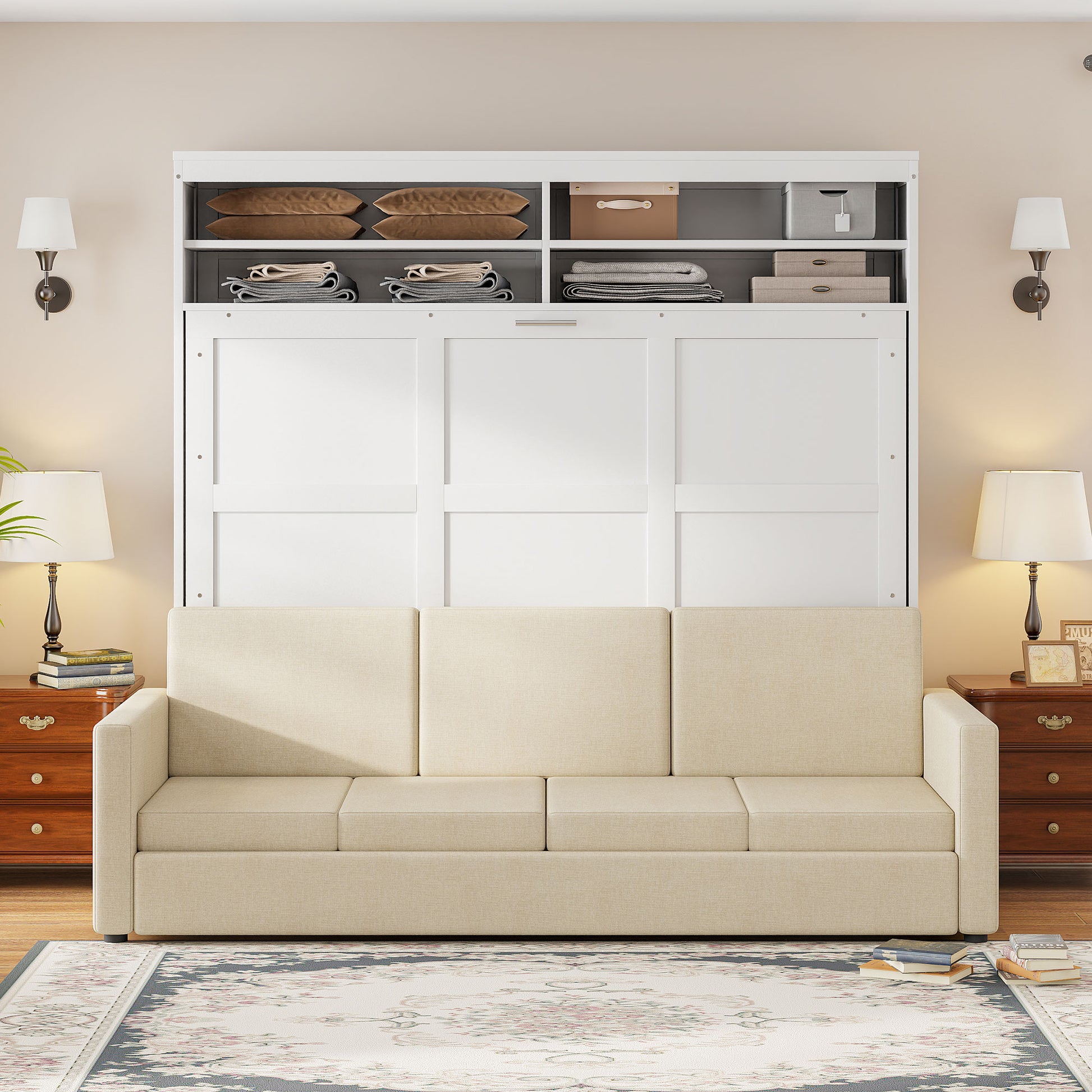 Beige upholstered sofa with builtin wall bed unit