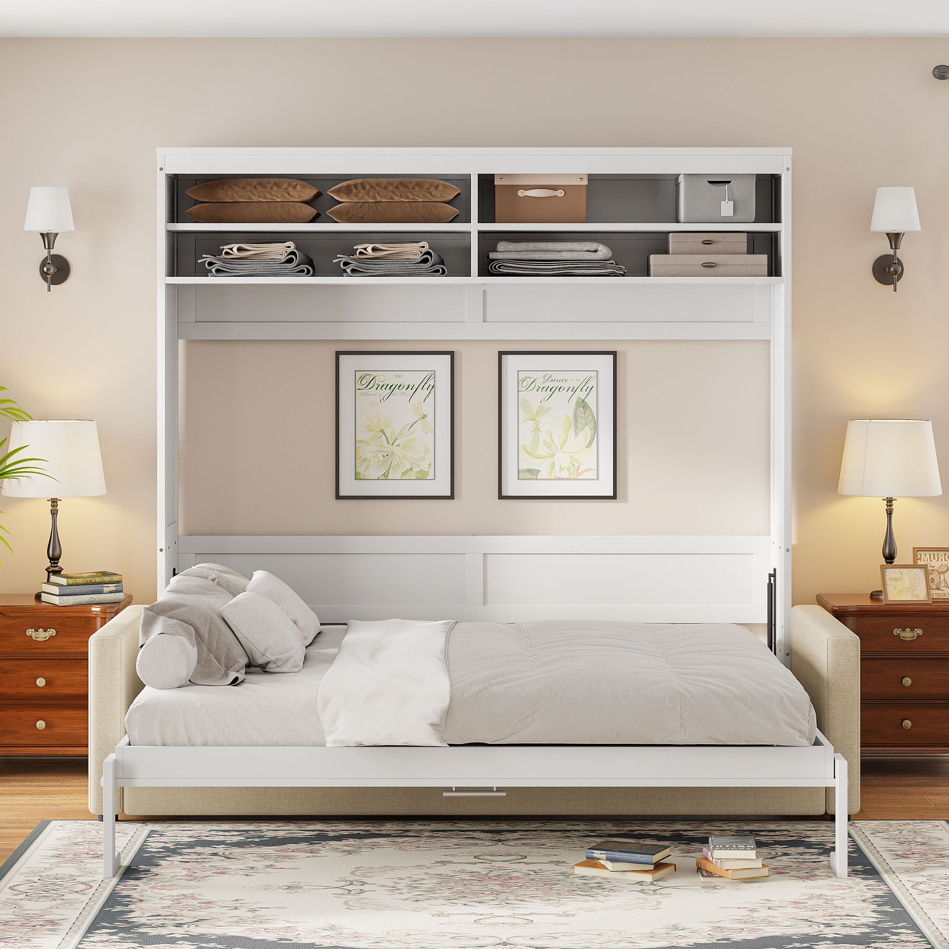 White wall bed with integrated shelving and open mattress