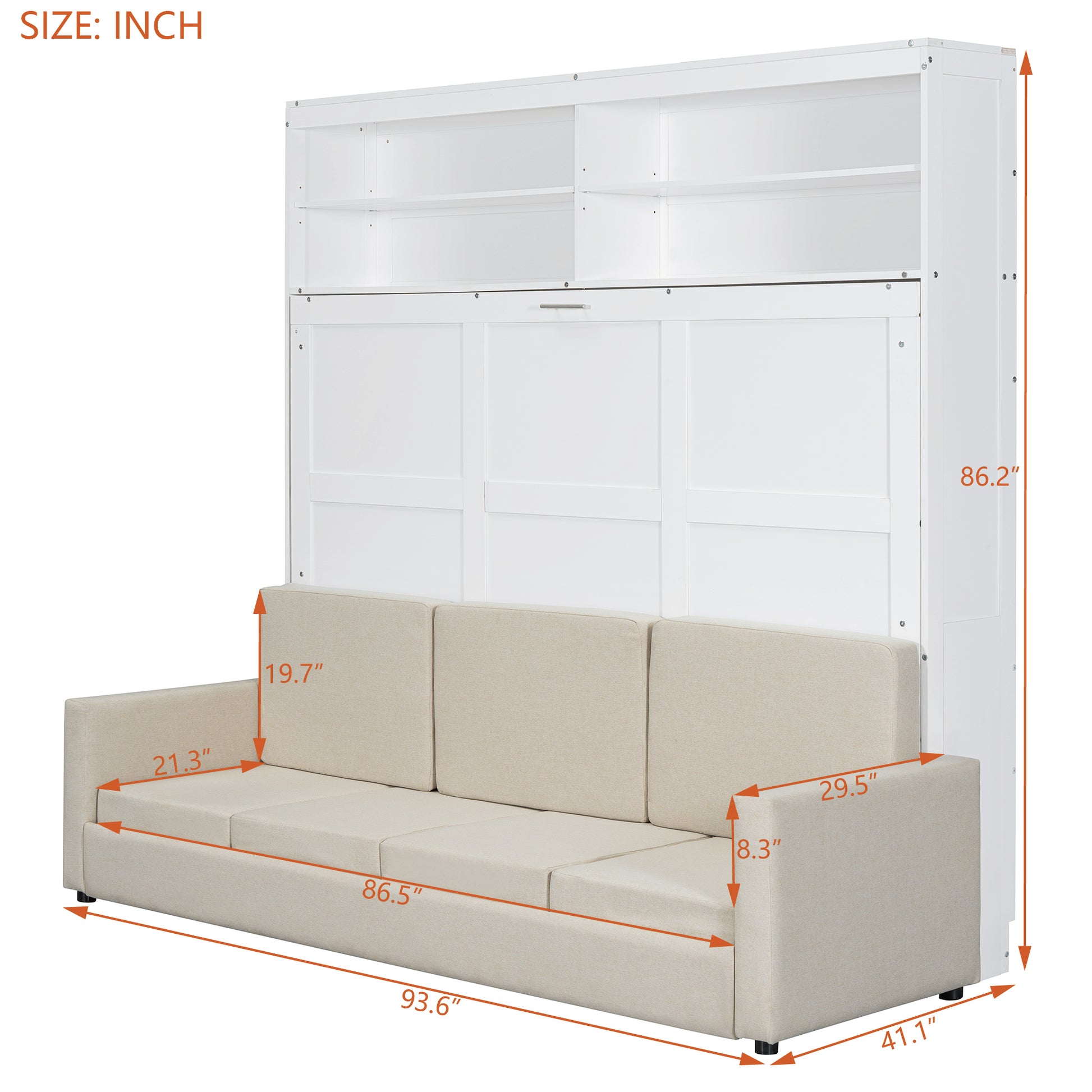 White Murphy bed cabinet with a beige sofa in front dimensions shown
