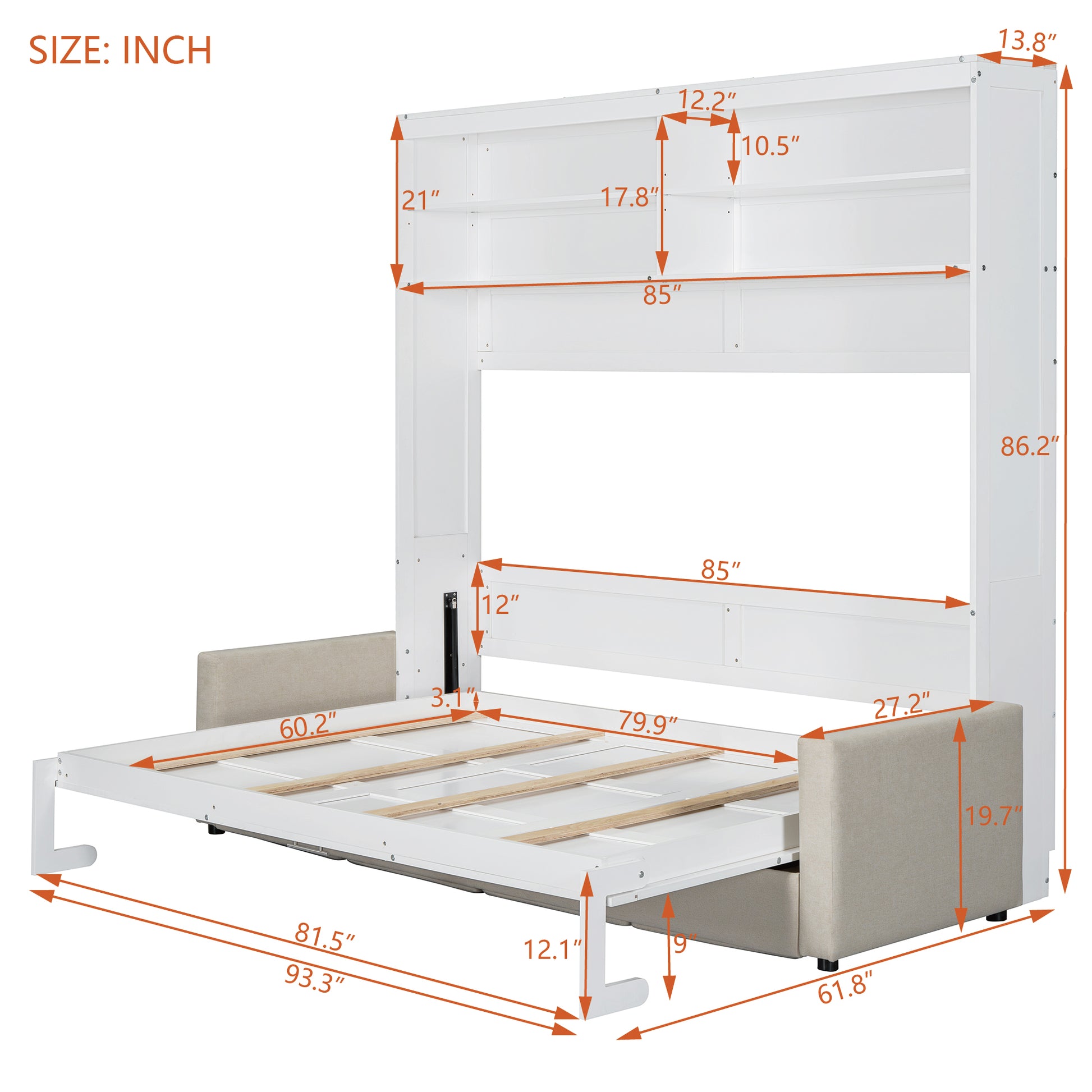 White murphy bed with shelves extended to show dimensions  width and  height