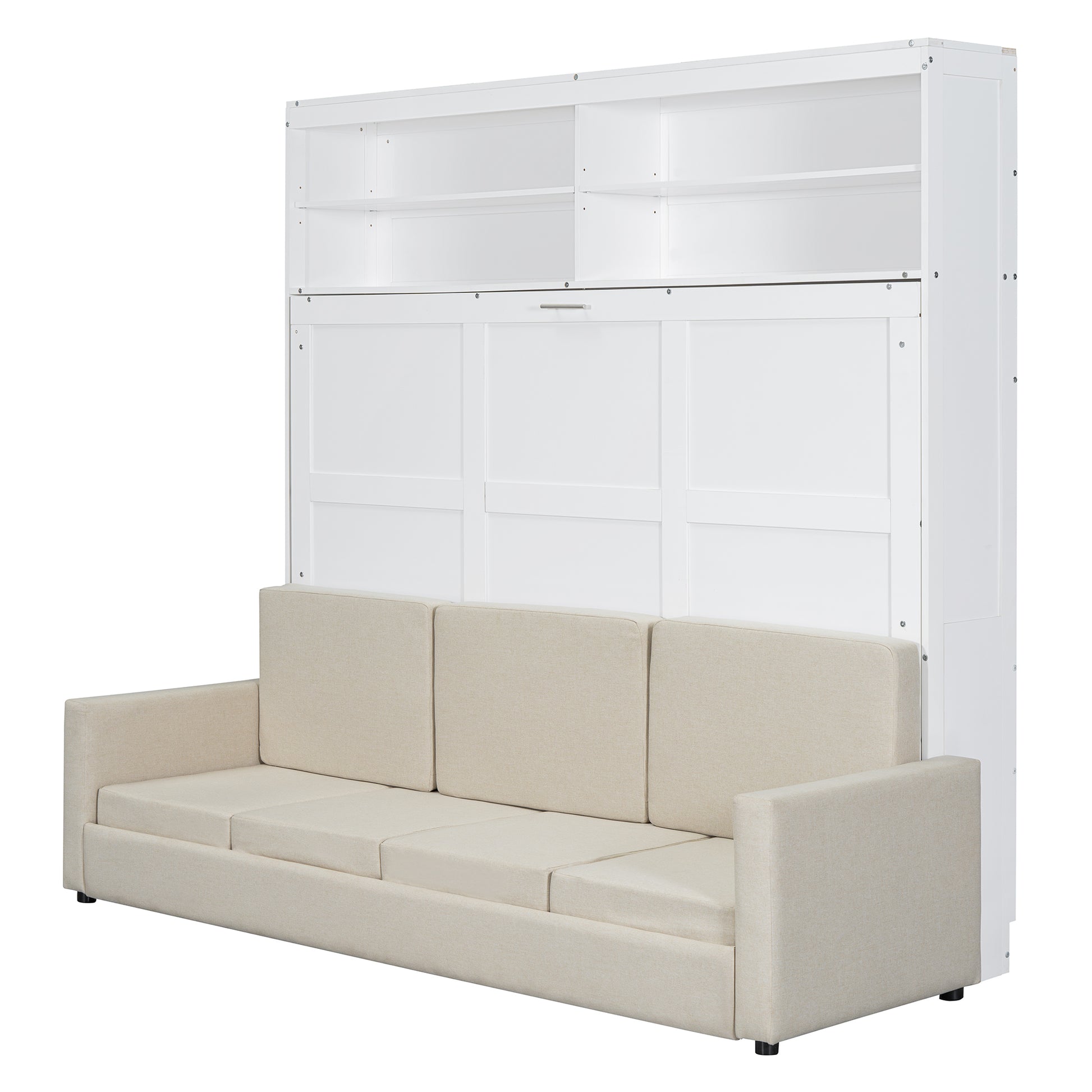 White sofa bed with integrated shelving unit