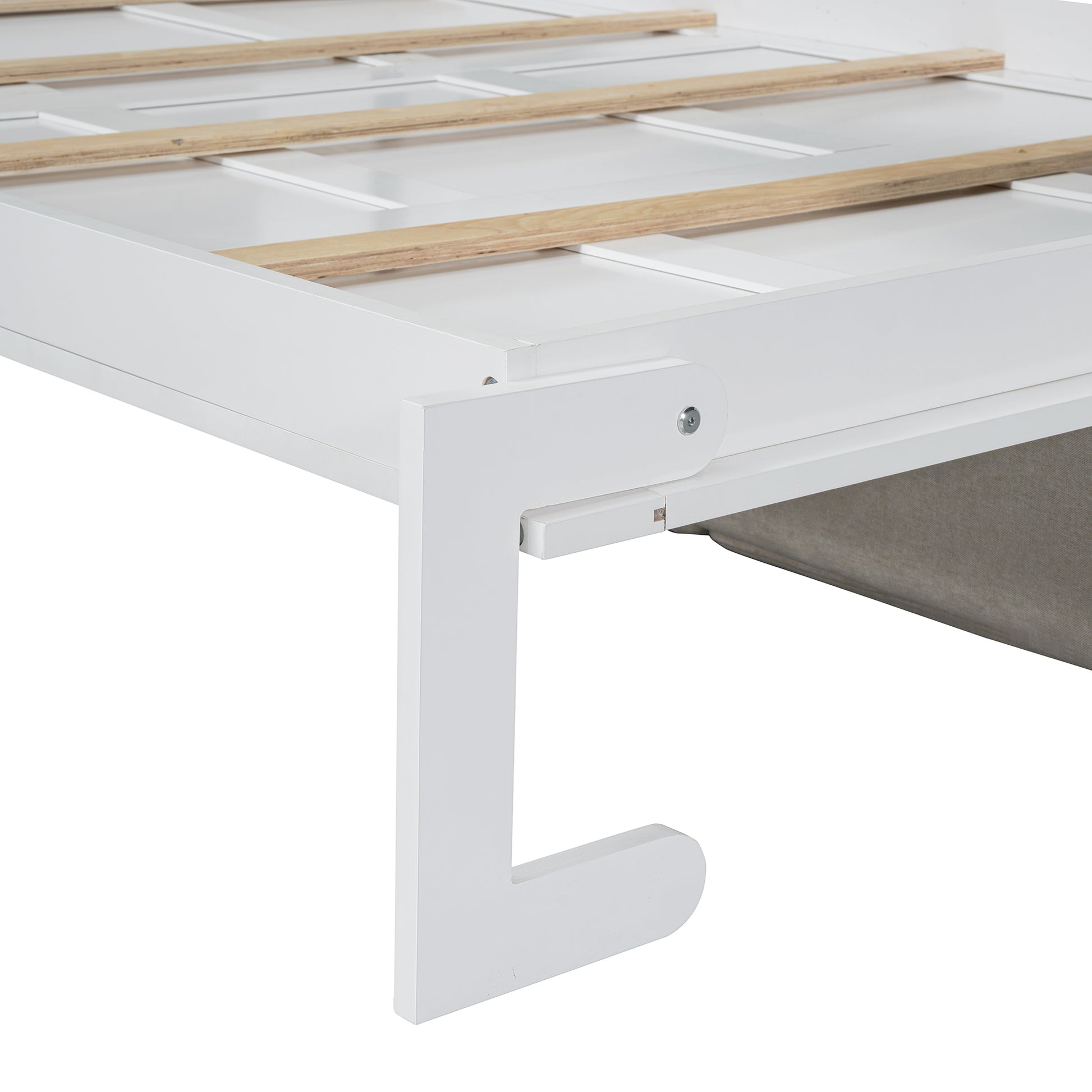 White wooden bed frame support bracket with clean lines