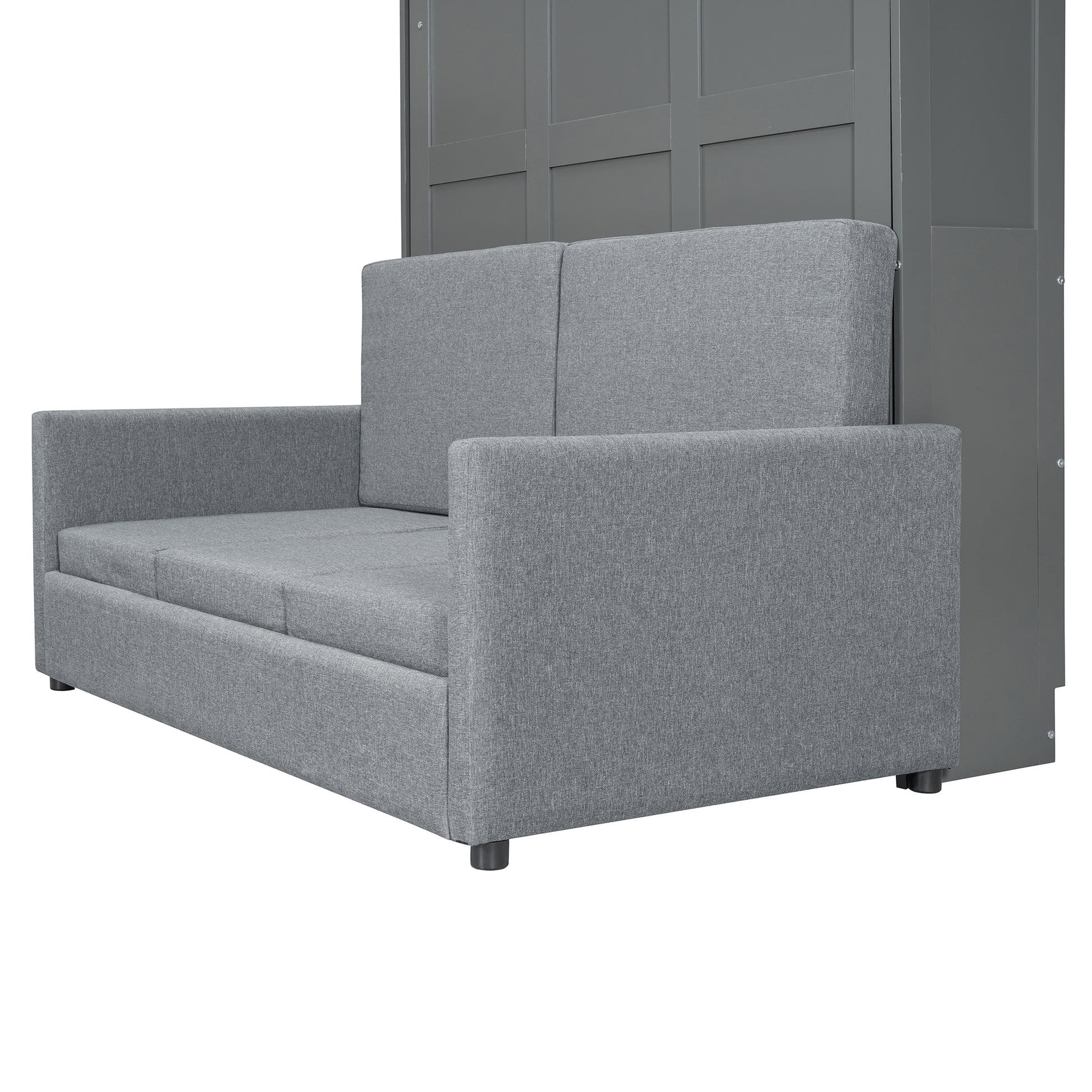 Grey fabric sofa bed with tufted cushions and dark wood trim