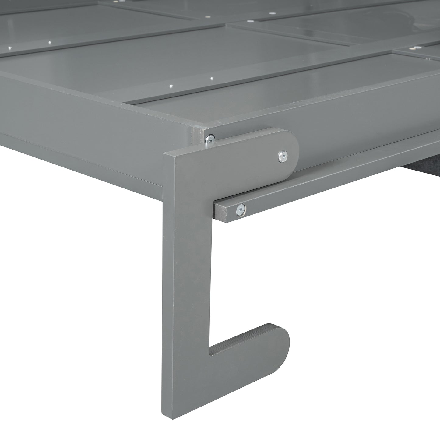 Gray wooden toddler bed frame detail with support leg