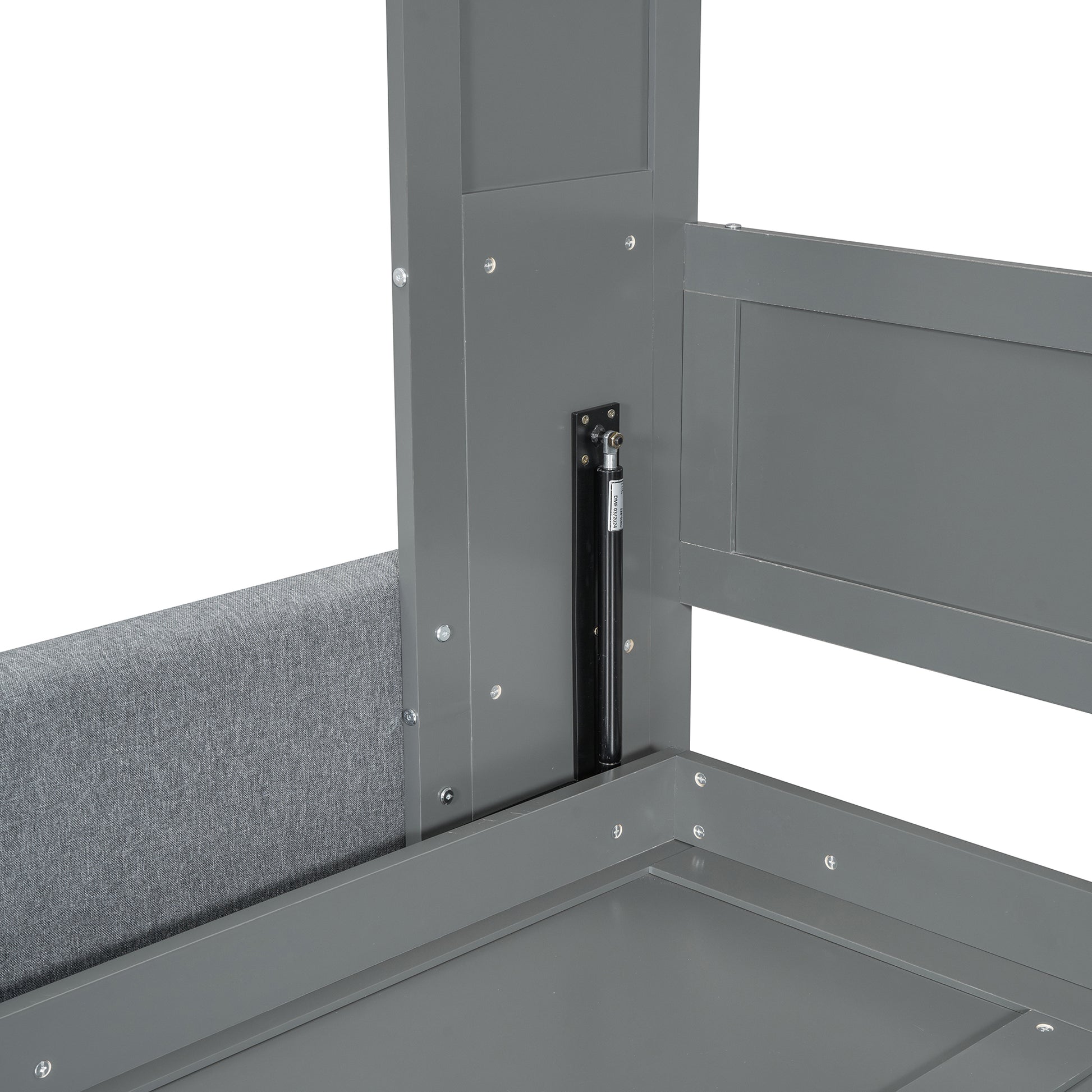Gray wooden bed frame with gas lift mechanism