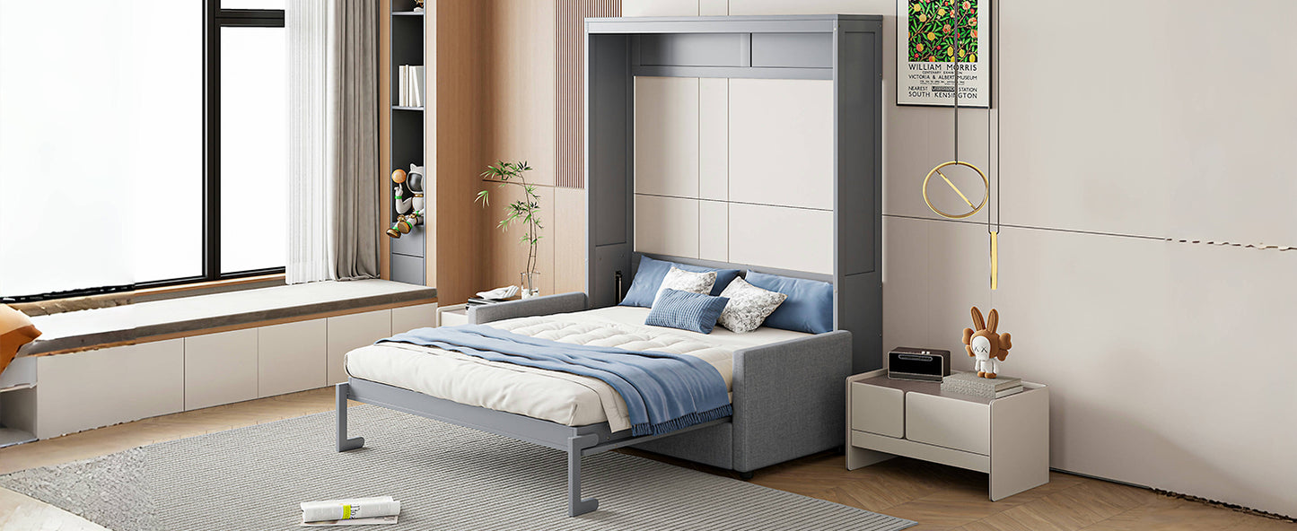 Gray wall bed with comfortable mattress and blue bedding spacesaving furniture