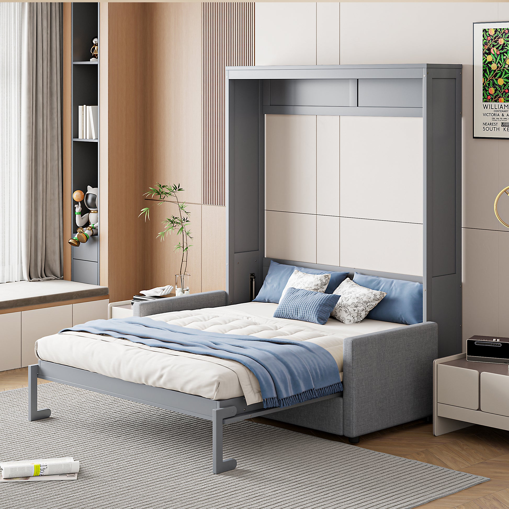 Gray murphy bed with queen mattress and blue throw blanket