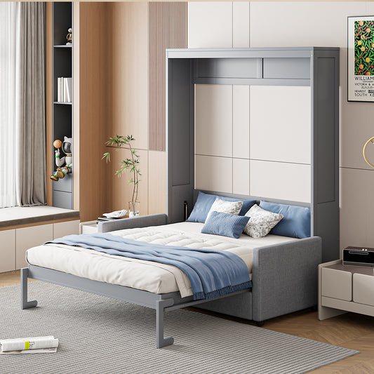 Gray murphy bed with queen mattress and blue throw blanket