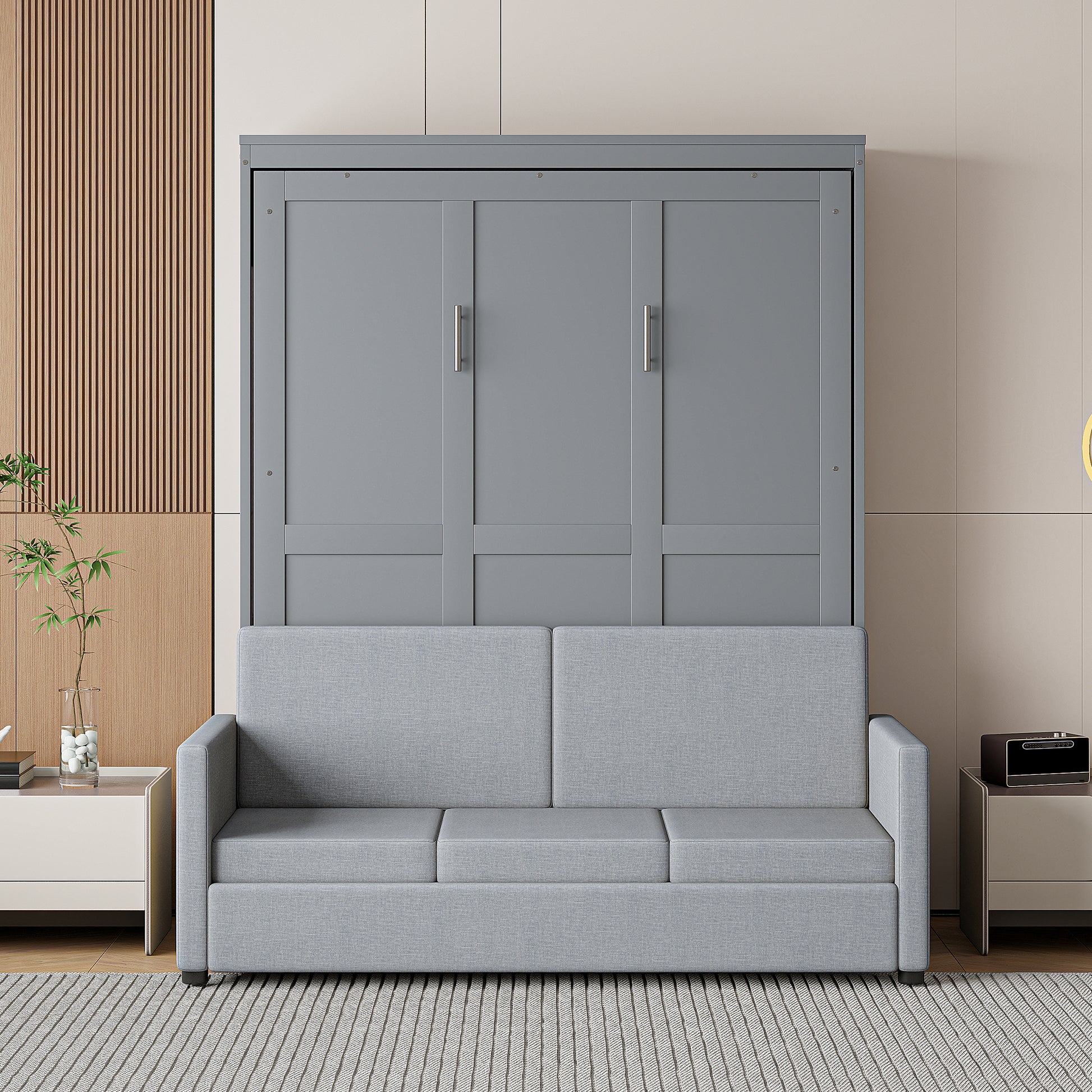 Grey murphy bed with integrated sofa