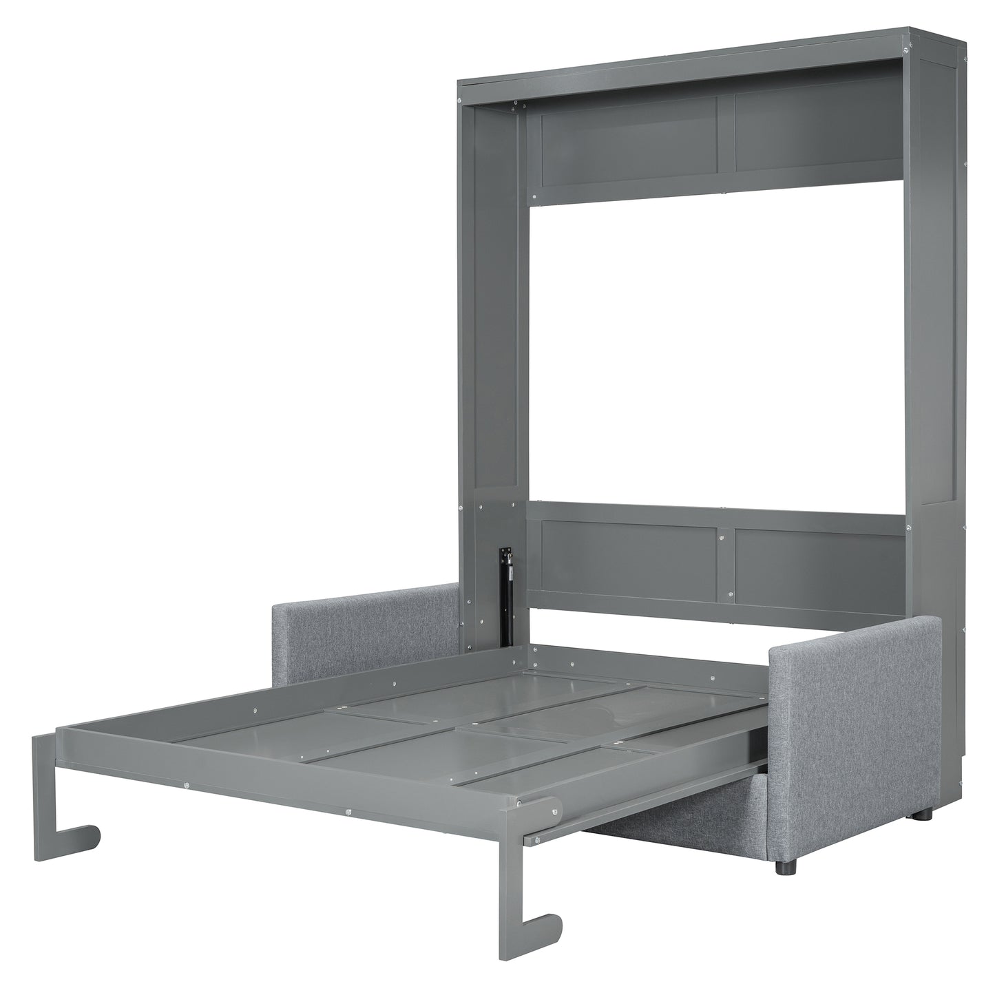 Gray metal murphy bed frame with partially extended mattress support and fabric armrests