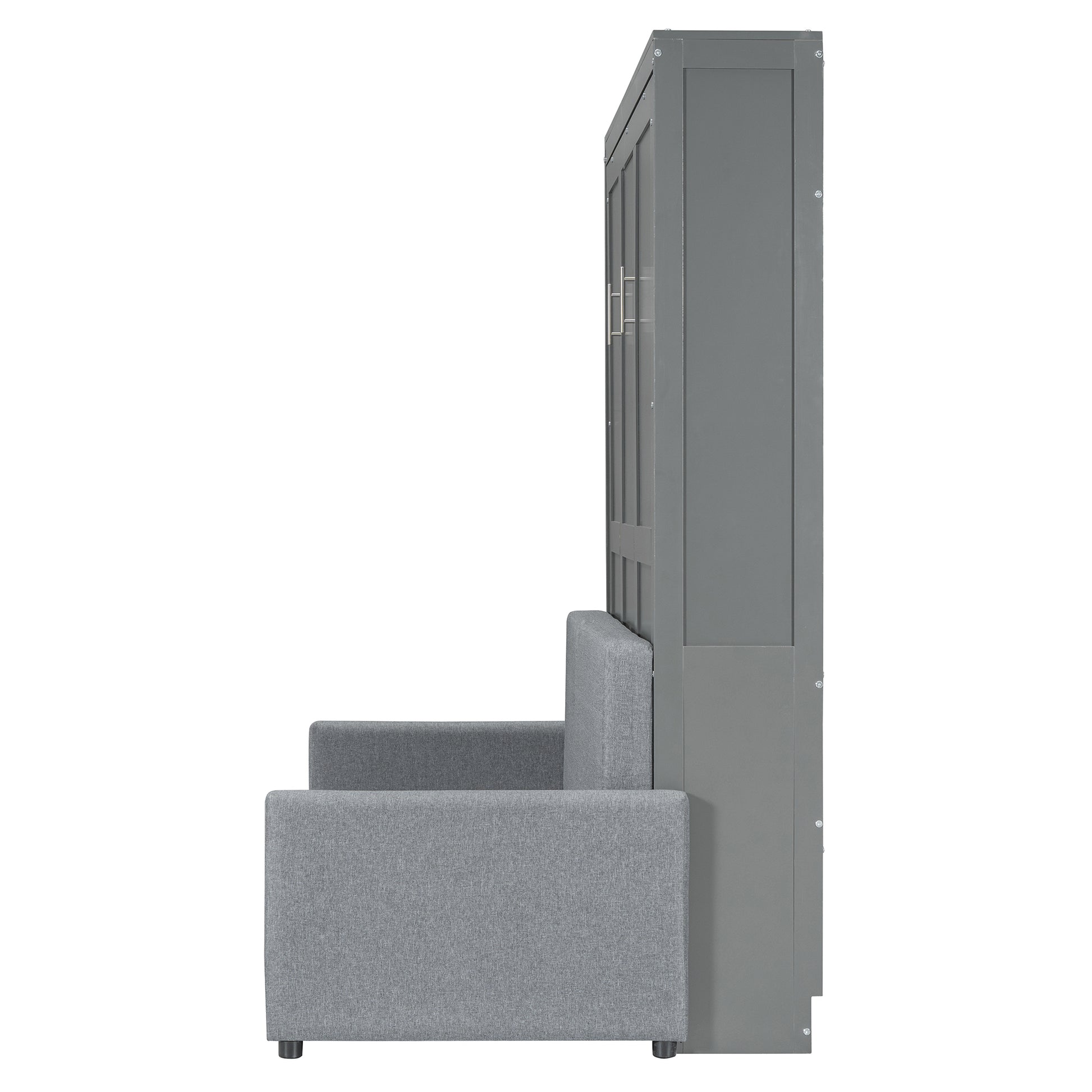 Grey upholstered sofa with modern cabinet and glass doors
