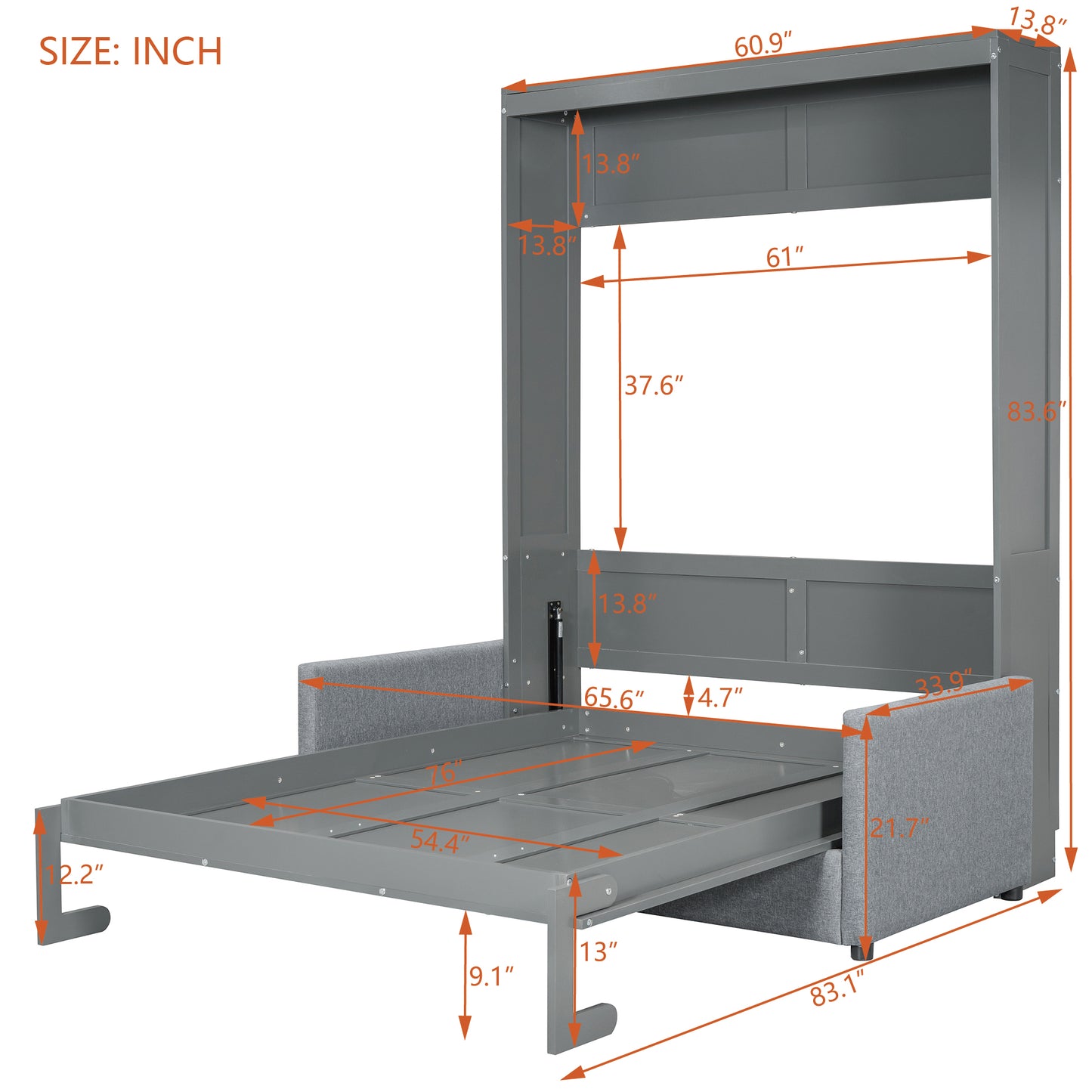 Gray wall bed with open mattress platform and side armrests dimensions shown