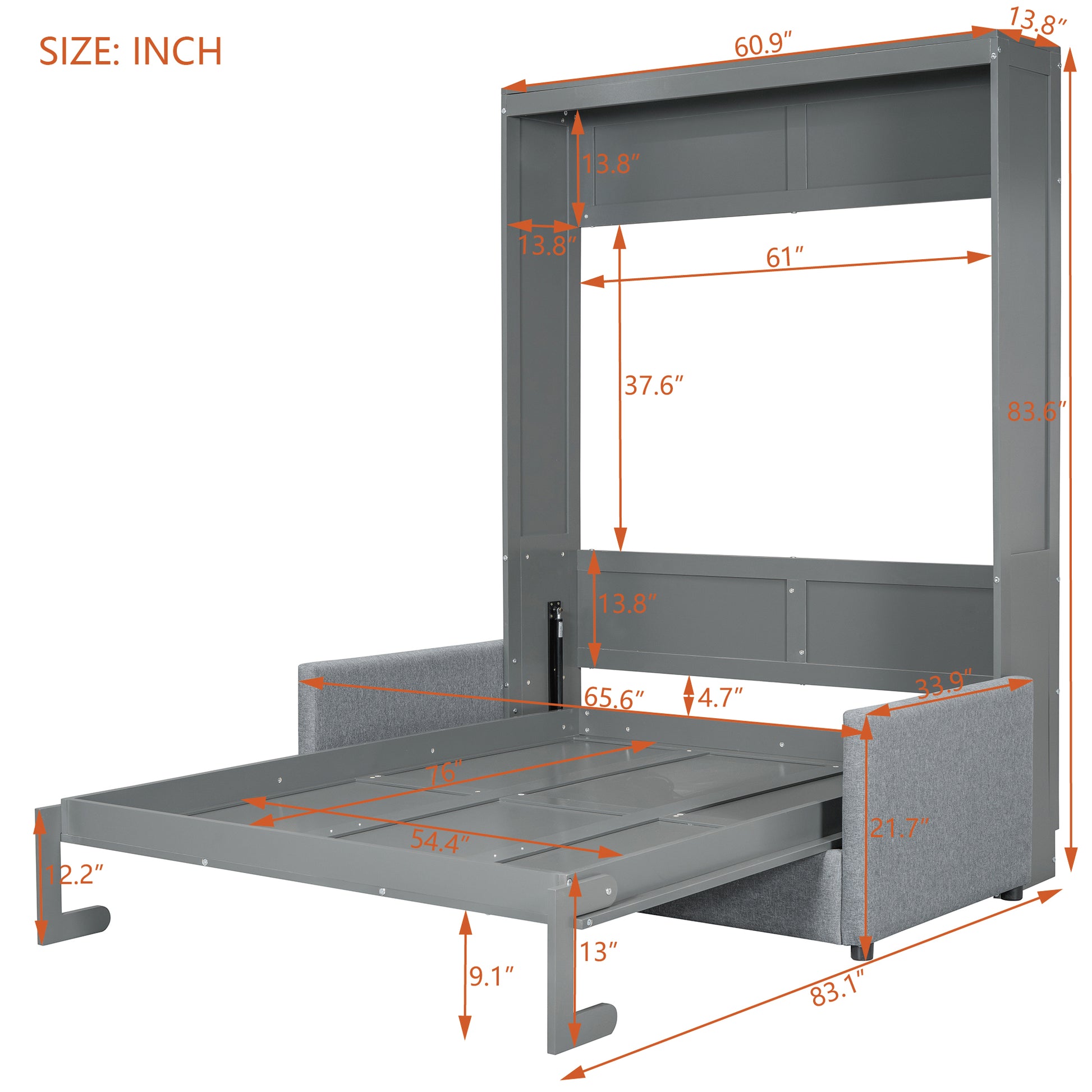 Gray wall bed with open mattress platform and side armrests dimensions shown