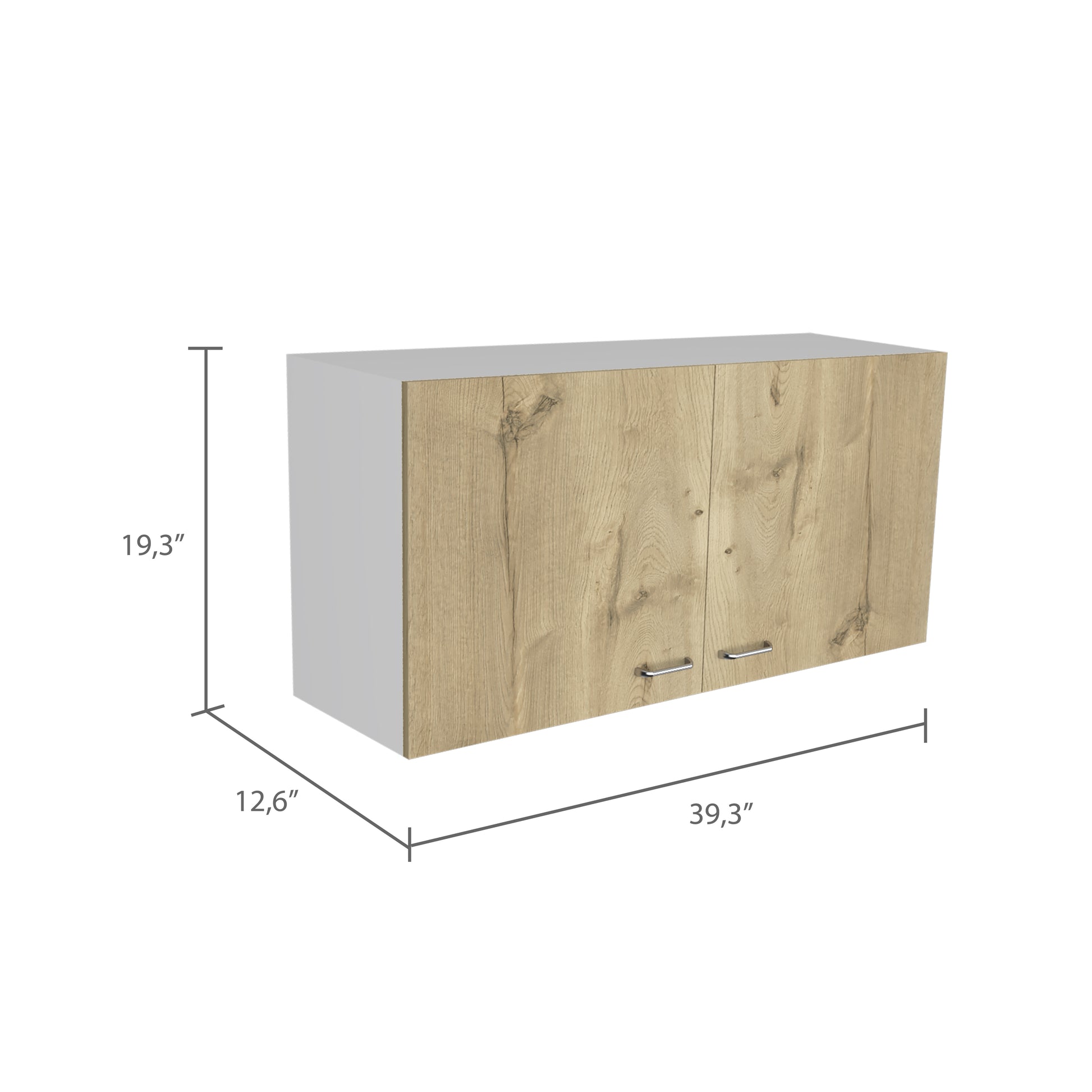 Light oak finished kitchen wall cabinet with silver handles and grey sides