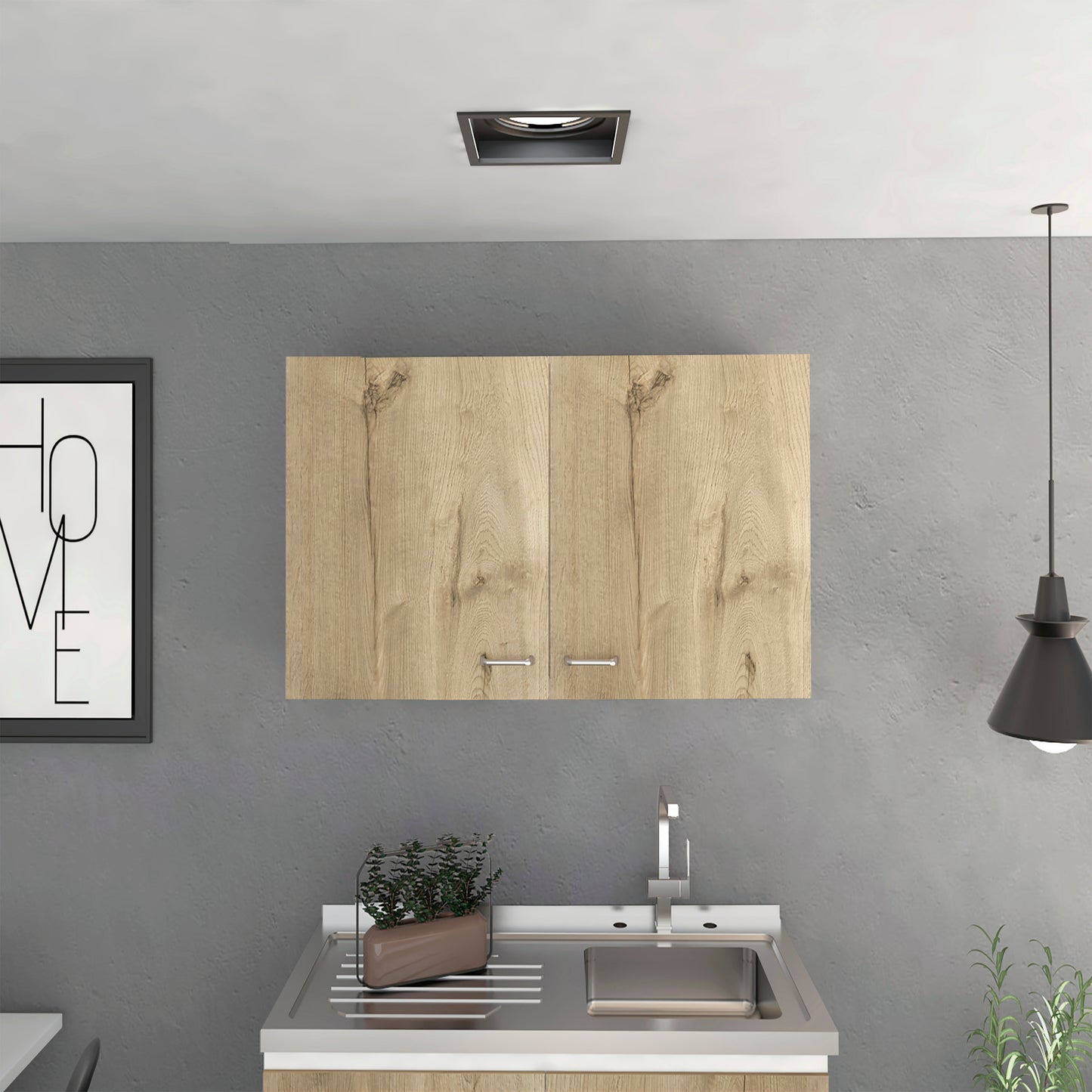 Light oak wood kitchen cabinet with silver handles