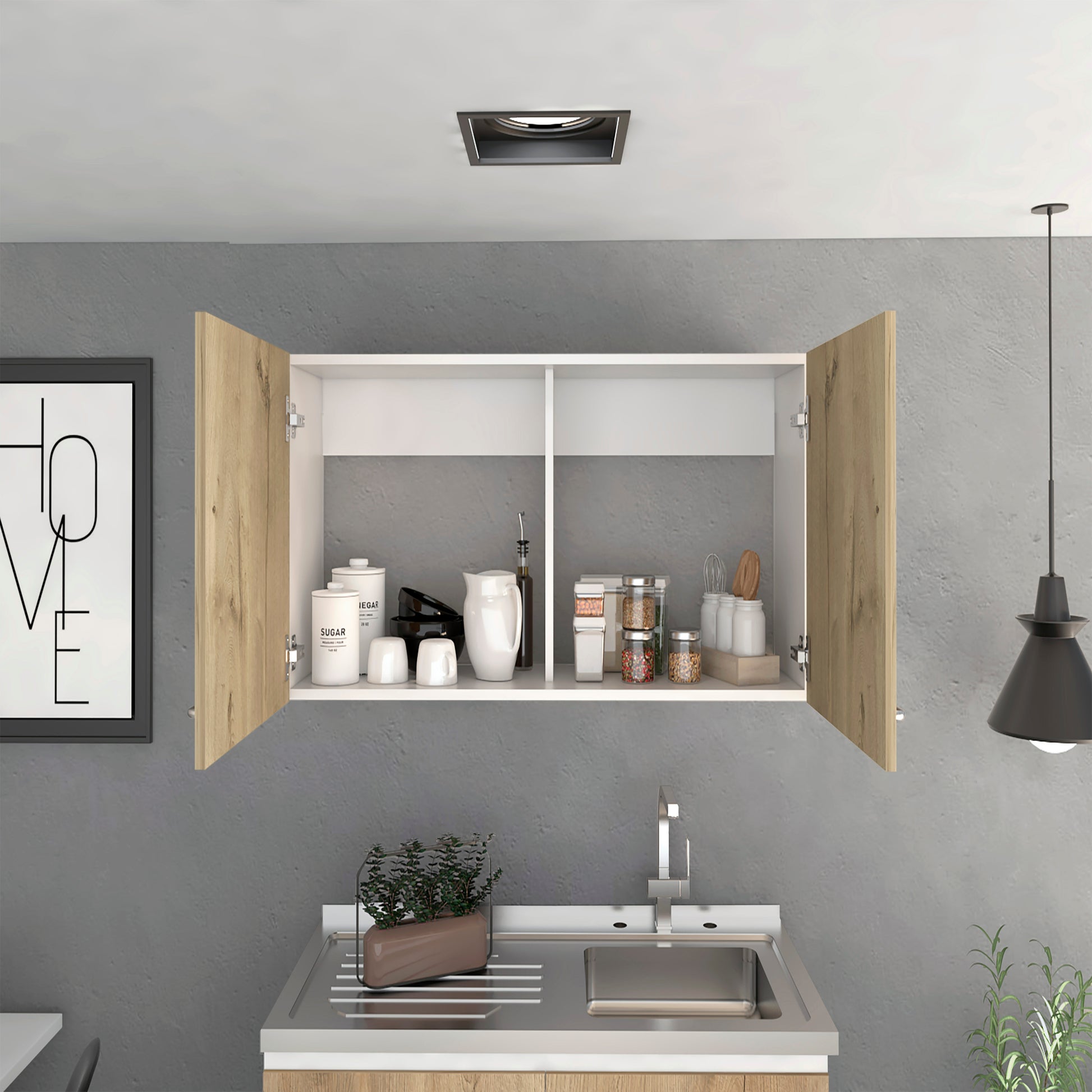Wooden cabinet with white interior and modern kitchen sink