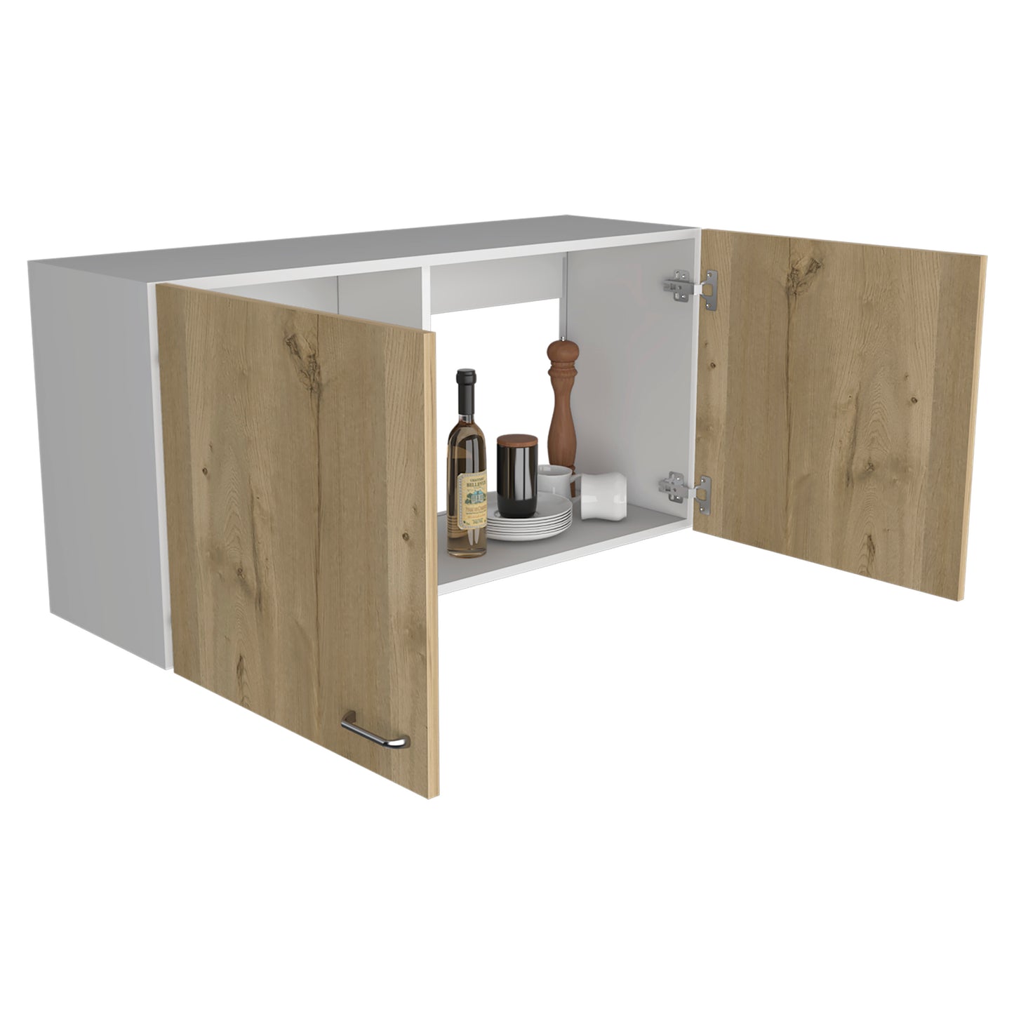 White and oak veneer wall cabinet with open doors and kitchen items inside